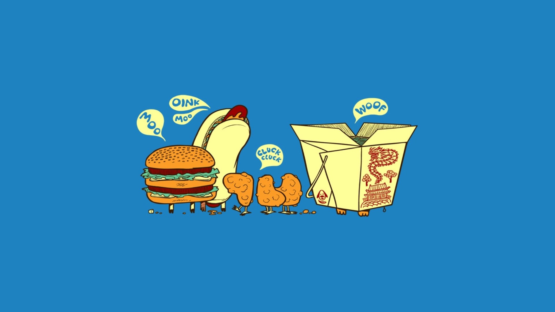 Cartoon animals made of food on a blue background HD Wallpaper