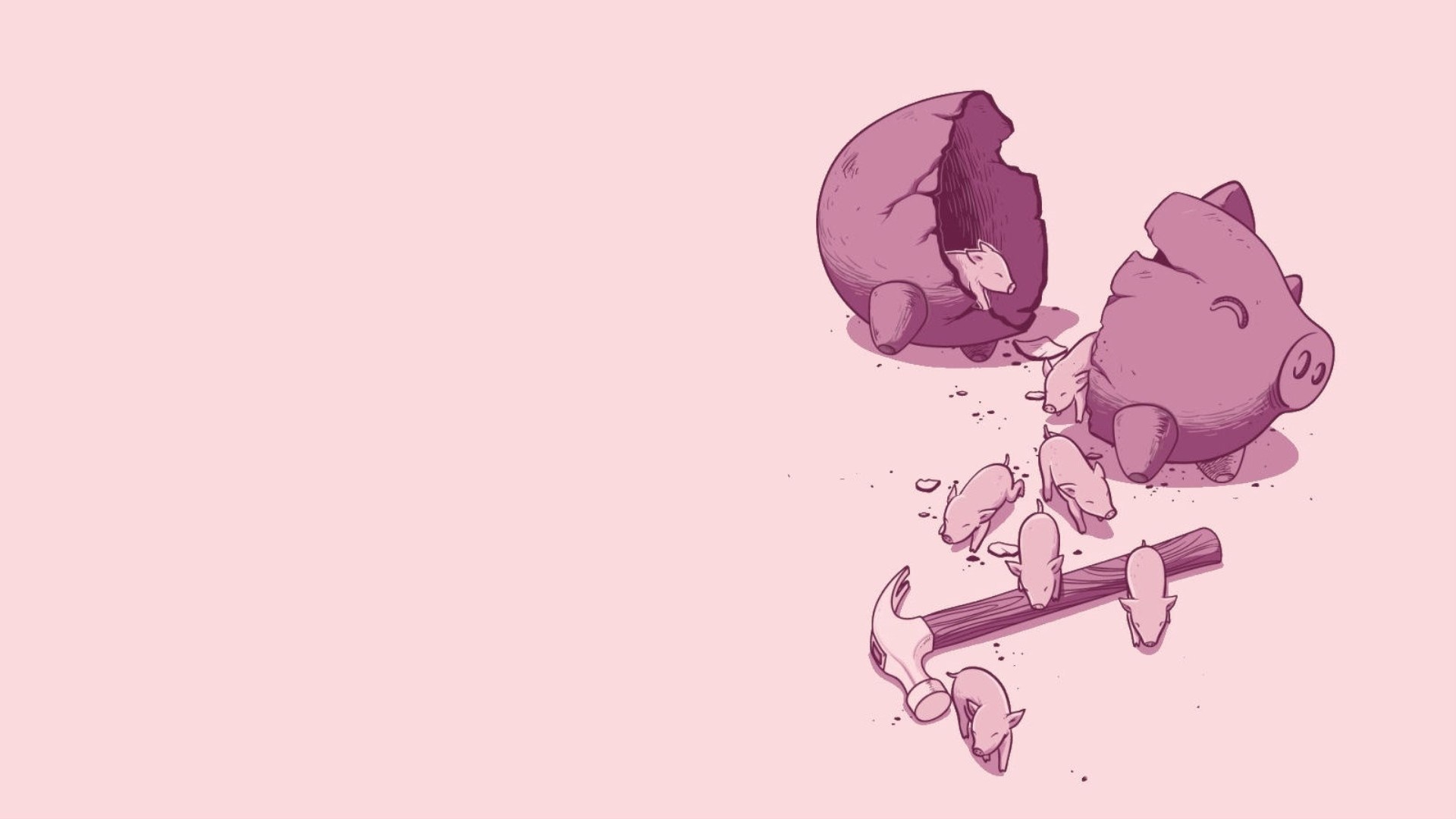 Broken piggy bank with piglets and hammer HD Wallpaper