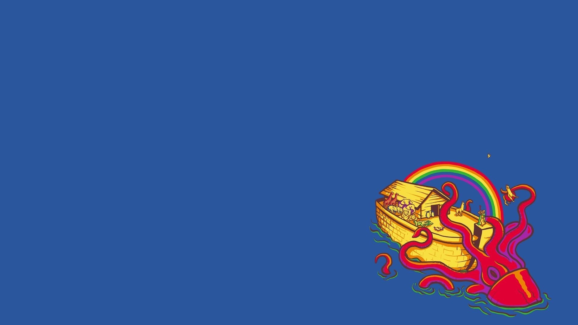 Noah's Ark attacked by a giant octopus with a rainbow HD Wallpaper
