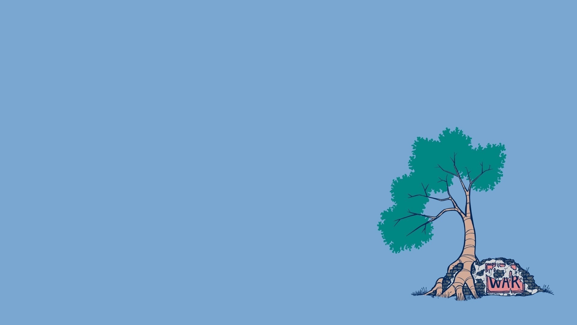 Tree growing from rubble with 'WAR' sign HD Wallpaper