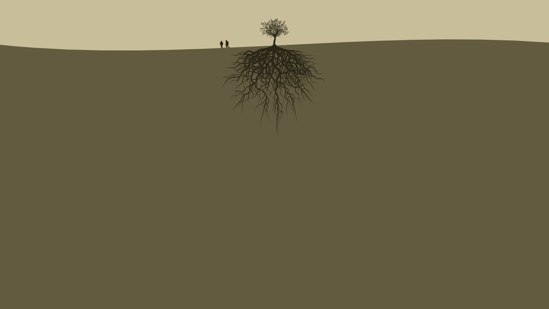 Tree with large roots and two people on a hill HD Wallpaper