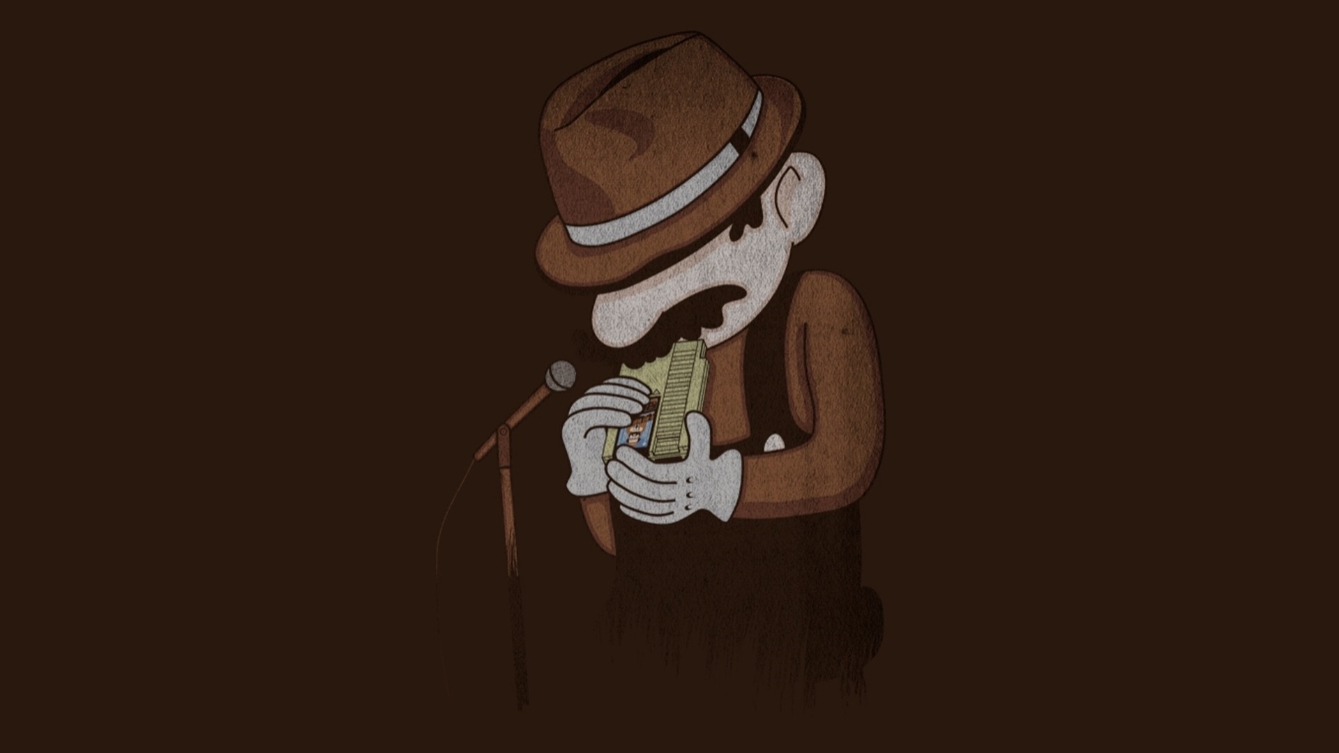 Mario eating a sandwich in front of a microphone HD Wallpaper