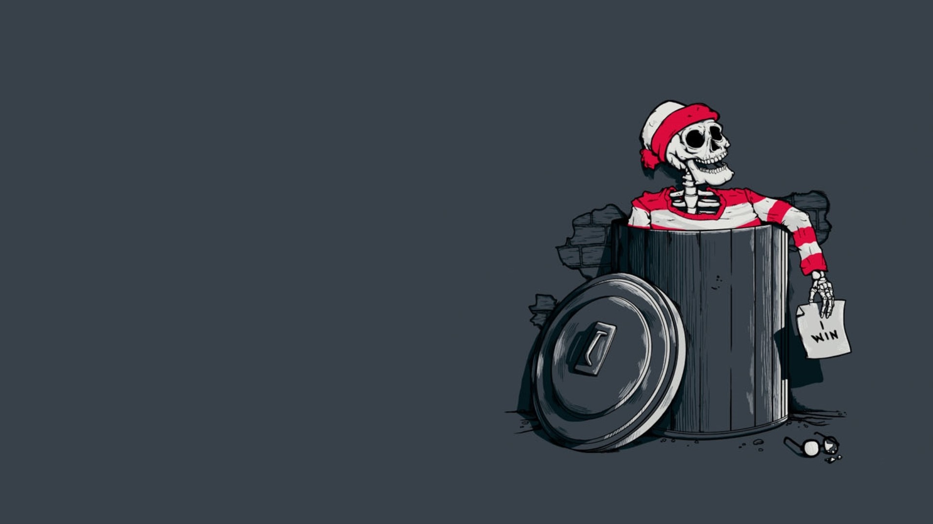 Skeleton dressed as Waldo in a trash can HD Wallpaper