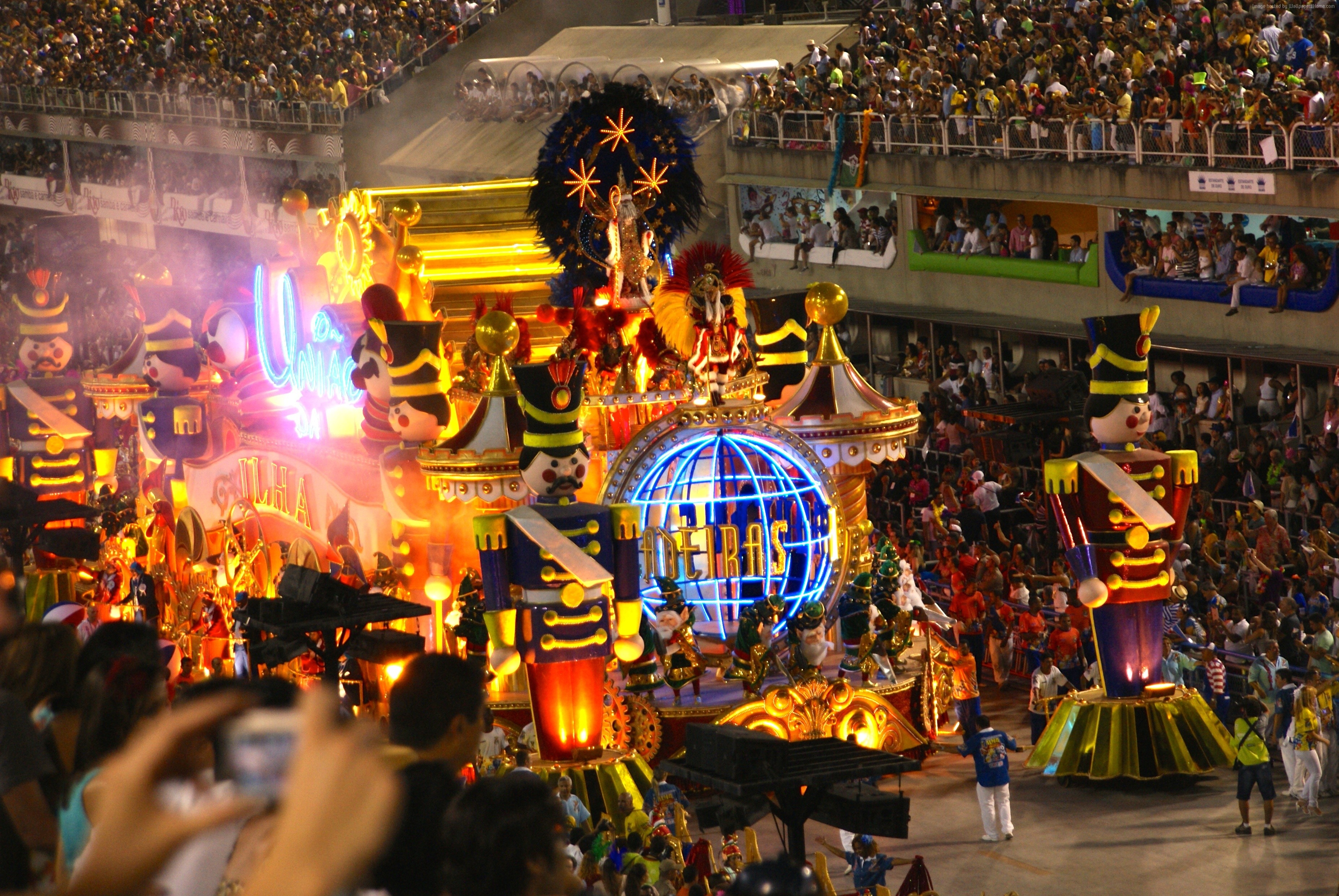 Rio Carnival parade with floats and dancers in stadium HD Wallpaper