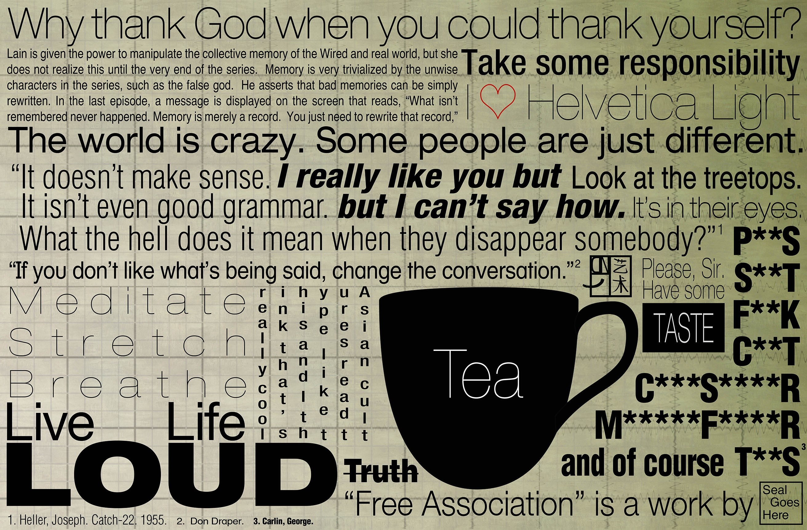 Typography collage with quotes from Catch-22, Don Draper, and George Carlin HD Wallpaper