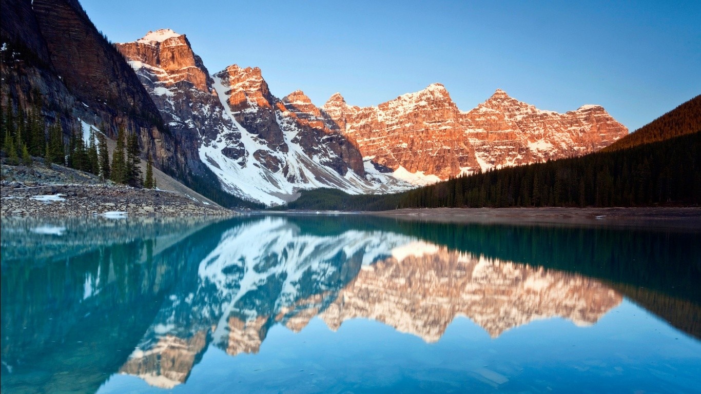 Moraine Lake with snow-capped mountains and reflection HD Wallpaper
