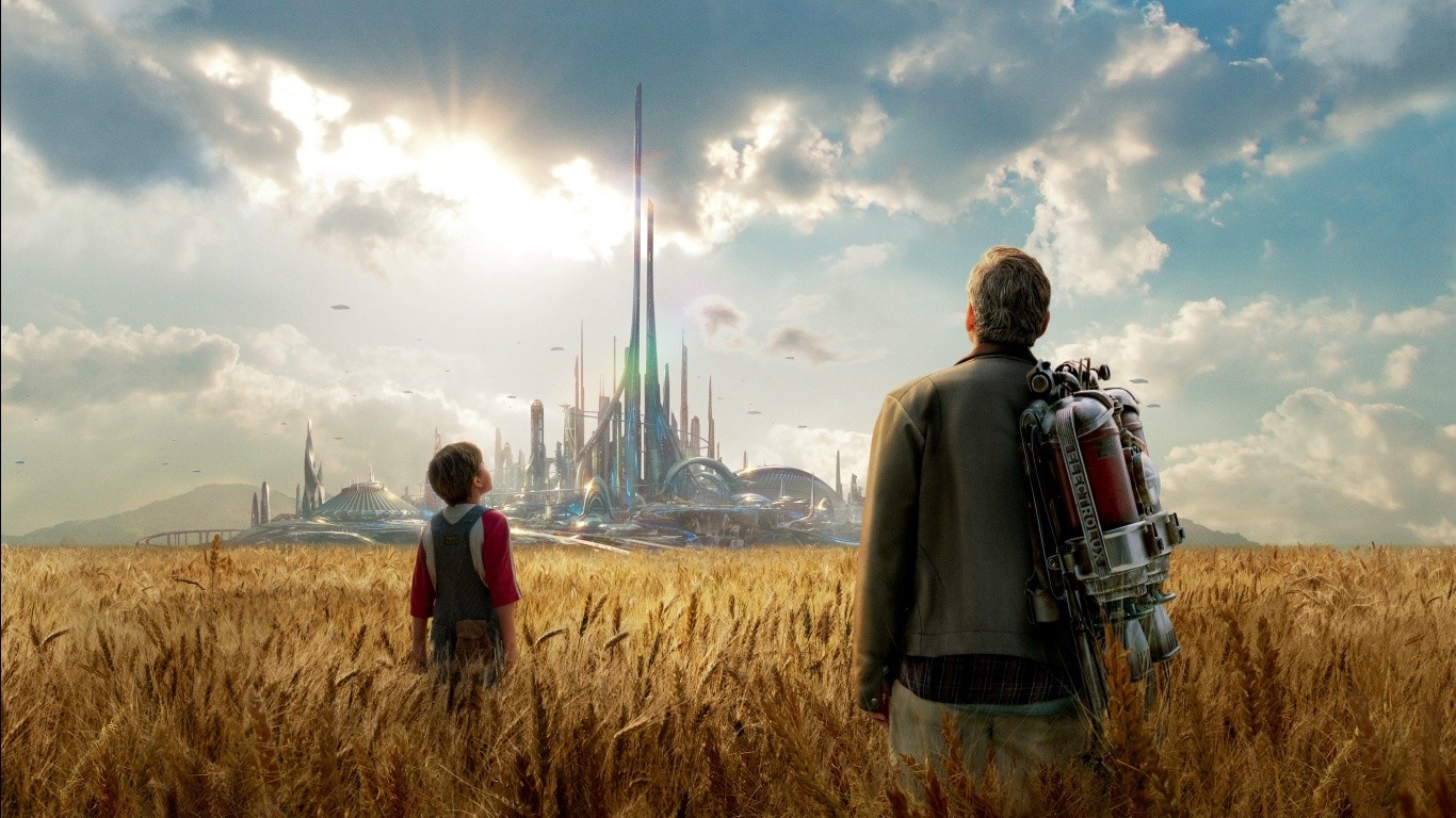 Man and boy in field looking at futuristic city HD Wallpaper