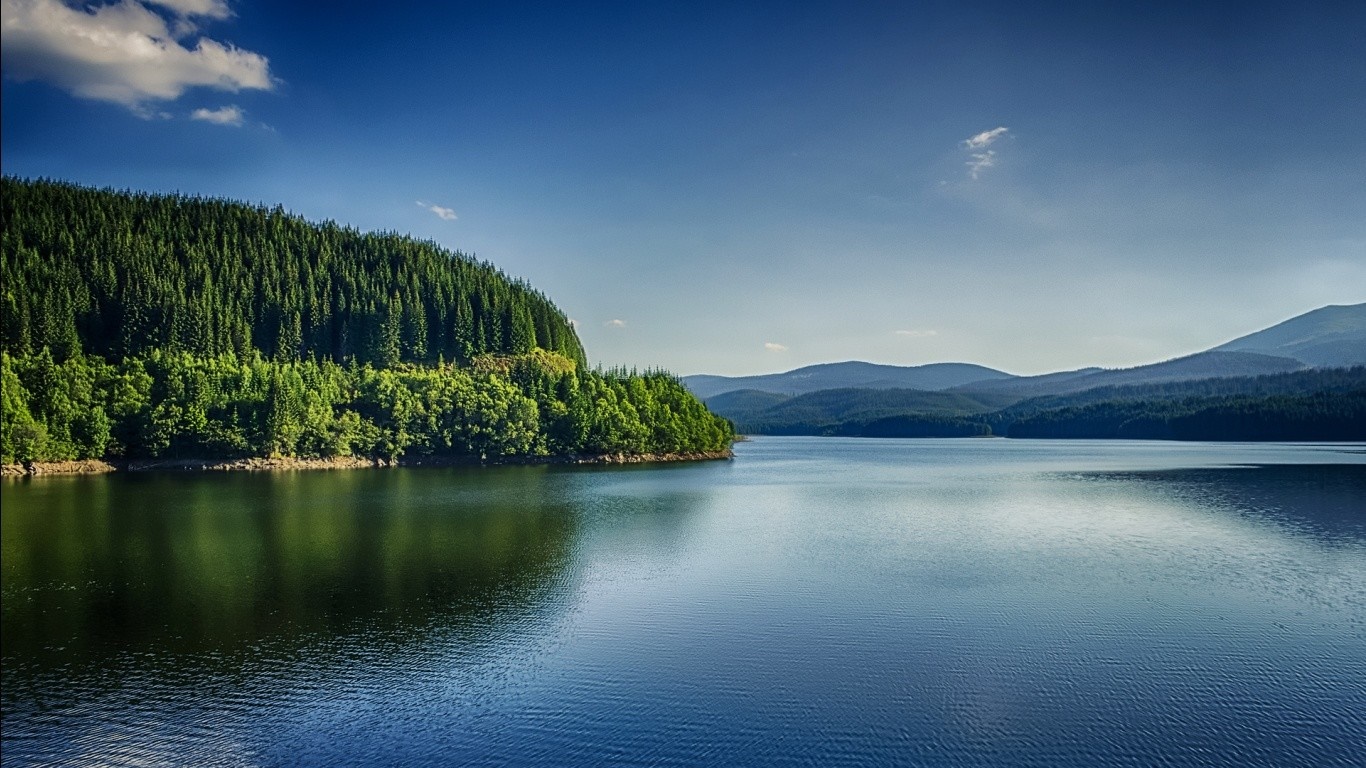 Lake surrounded by pine forest and mountains under blue sky HD Wallpaper