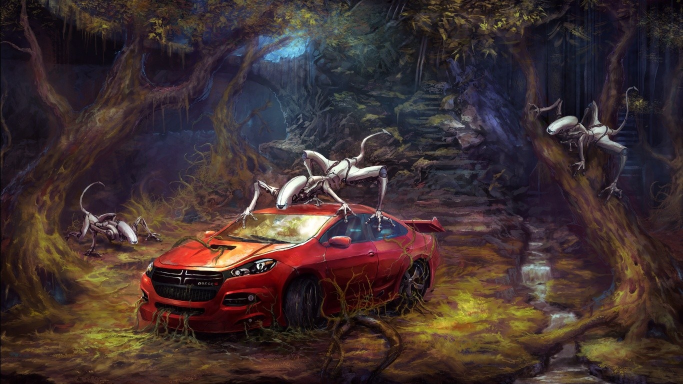 Robotic creatures on a red car in a dark forest HD Wallpaper