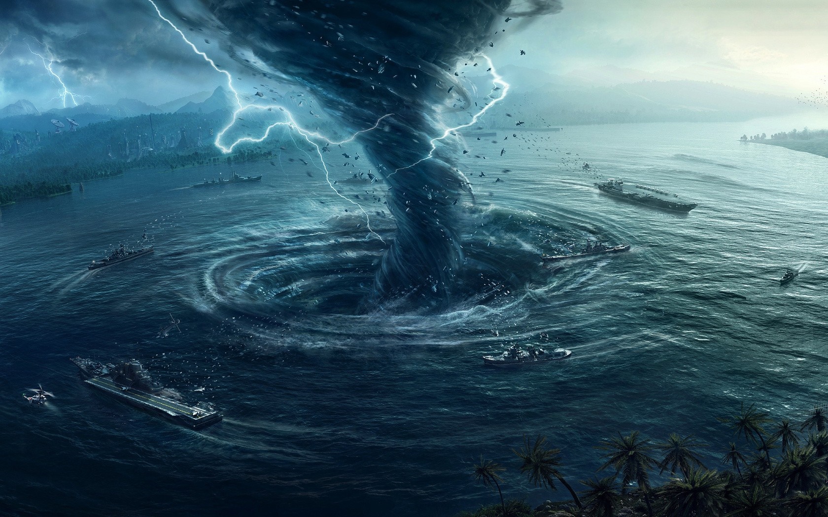 Massive ocean tornado with ships and lightning HD Wallpaper
