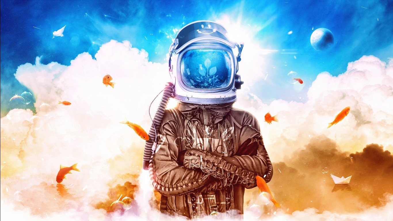 Astronaut with fish in helmet in clouds HD Wallpaper