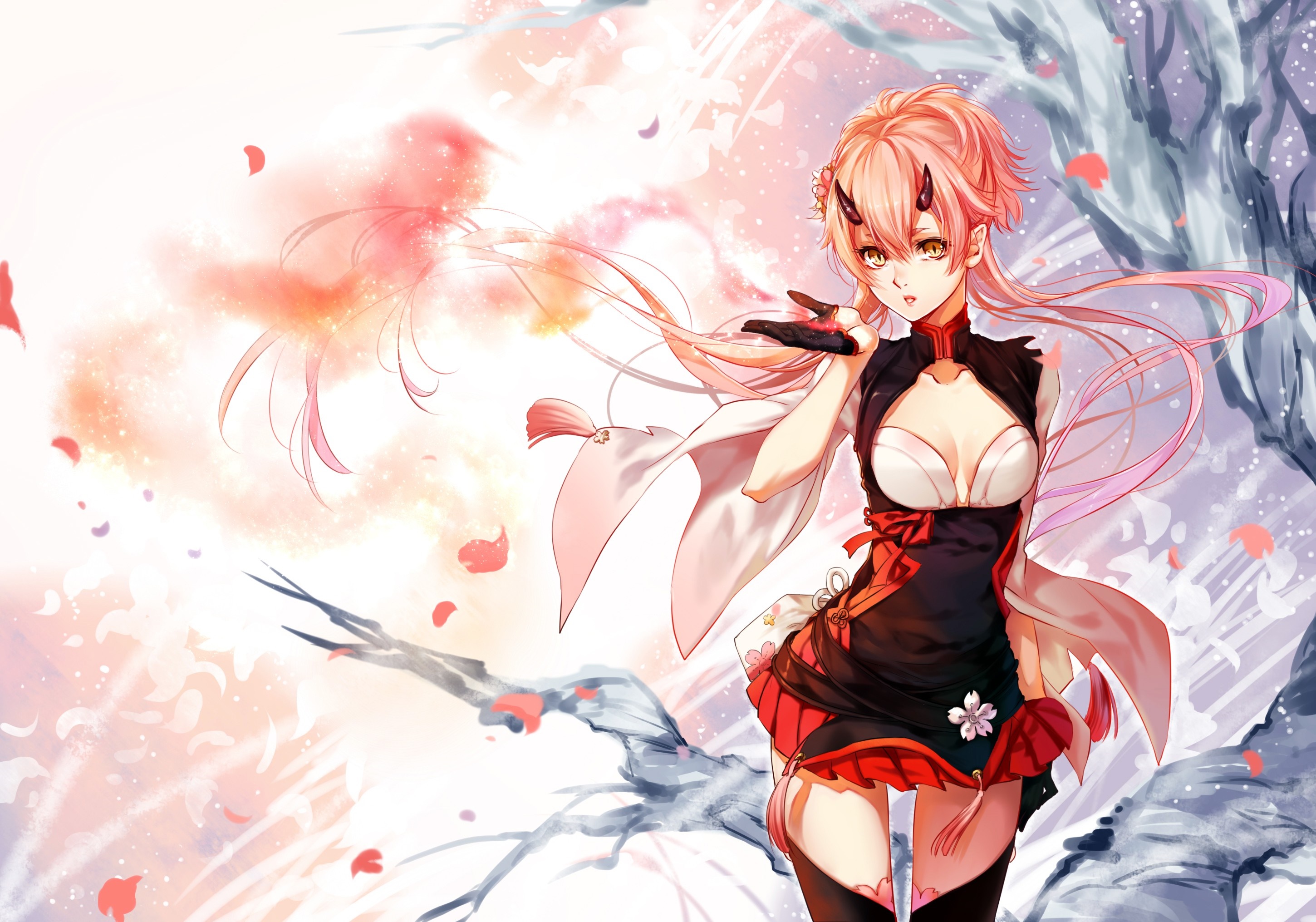Anime girl with pink hair and horns blowing a kiss HD Wallpaper