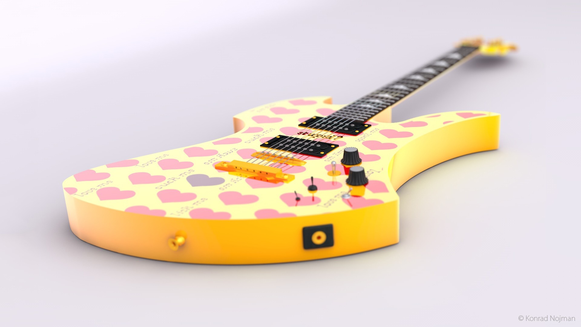 Yellow electric guitar with pink hearts pattern HD Wallpaper