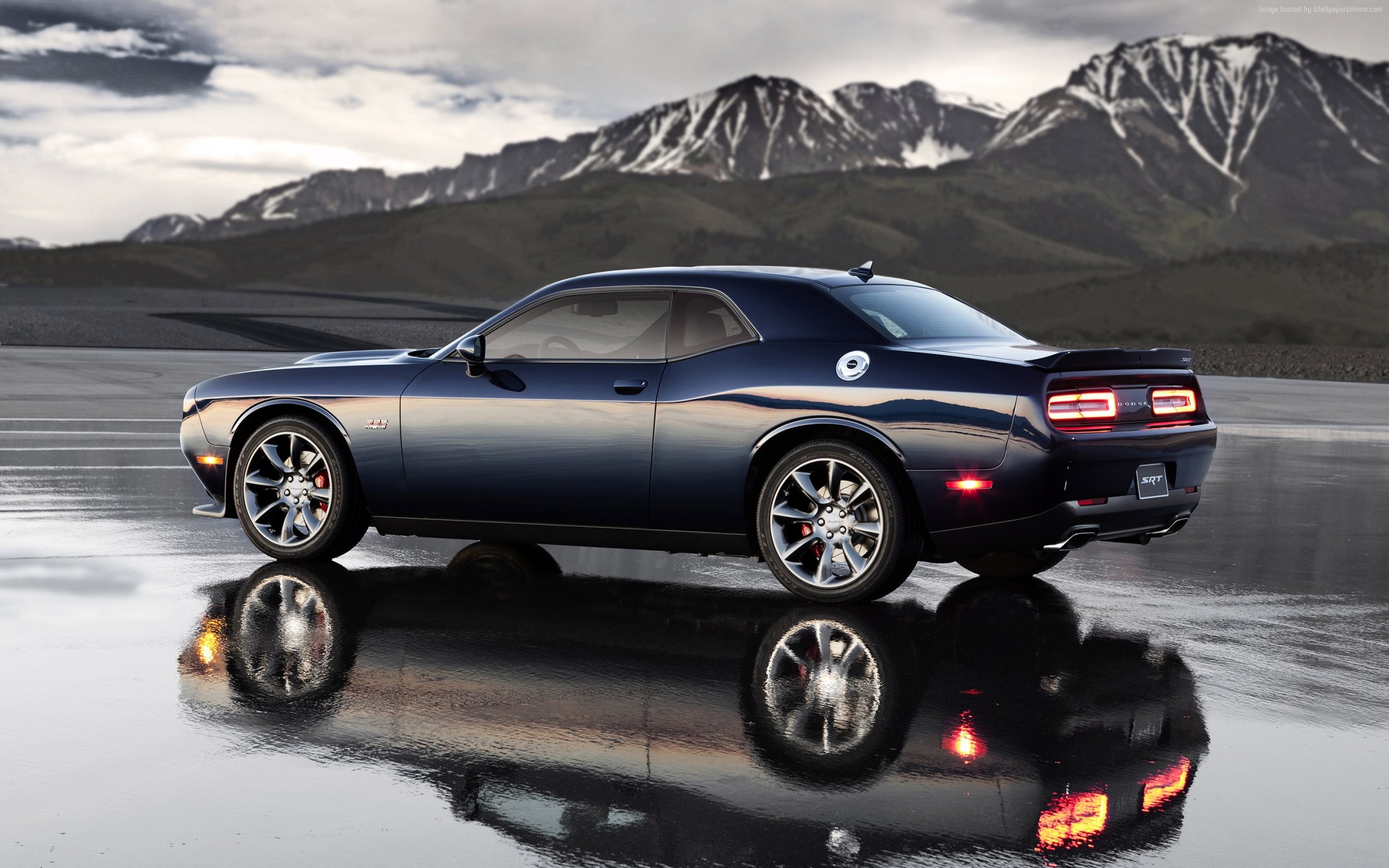 Dodge Challenger SRT Hellcat on Wet Road with Mountains HD Wallpaper