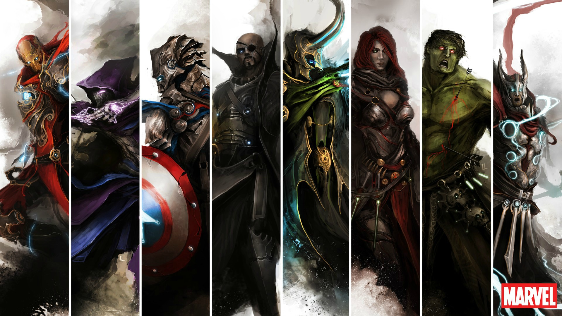 Marvel characters including Iron Man, Captain America, Hulk, Thor, Loki, and Nick Fury HD Wallpaper