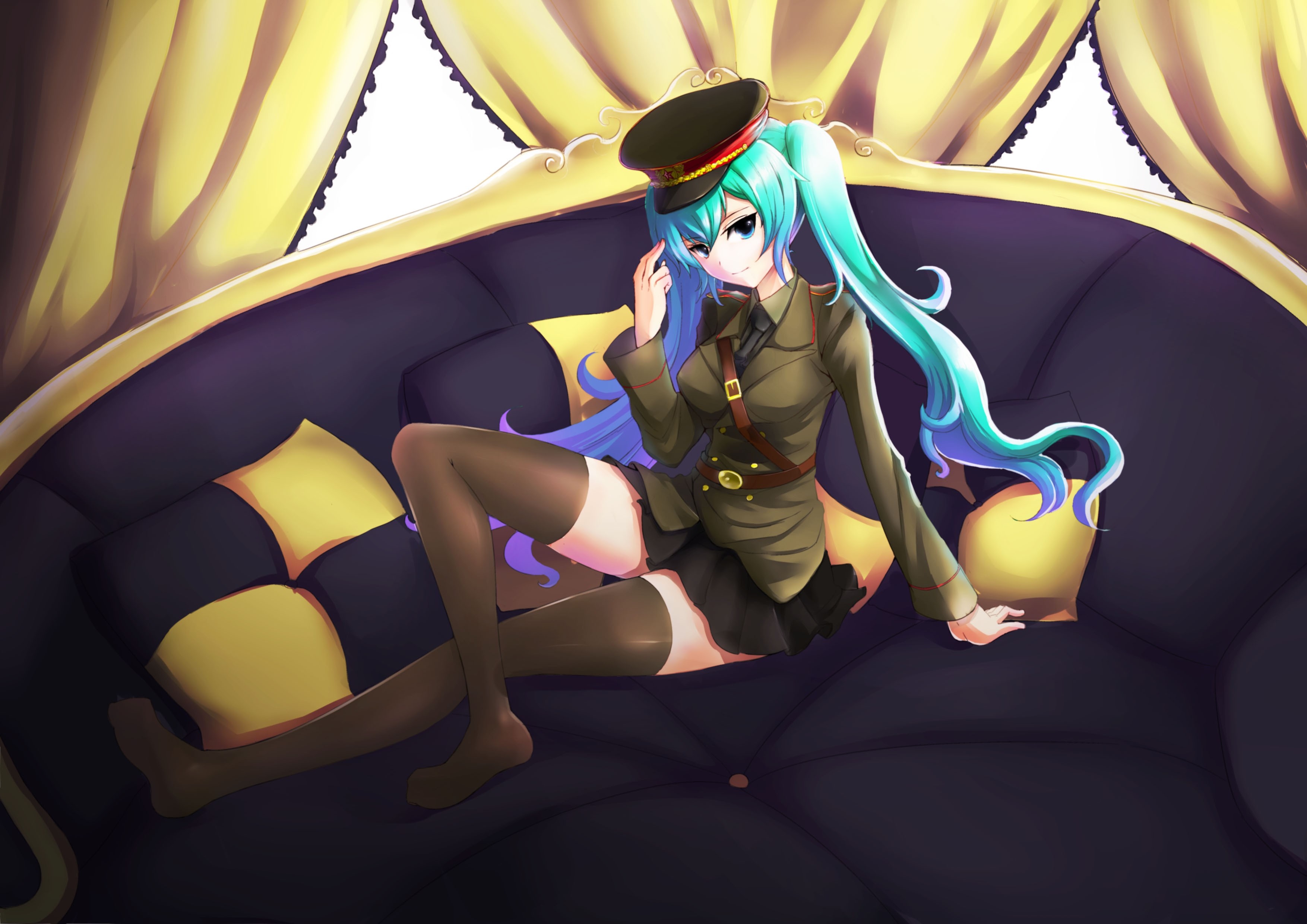 Hatsune Miku in a military uniform on a couch HD Wallpaper