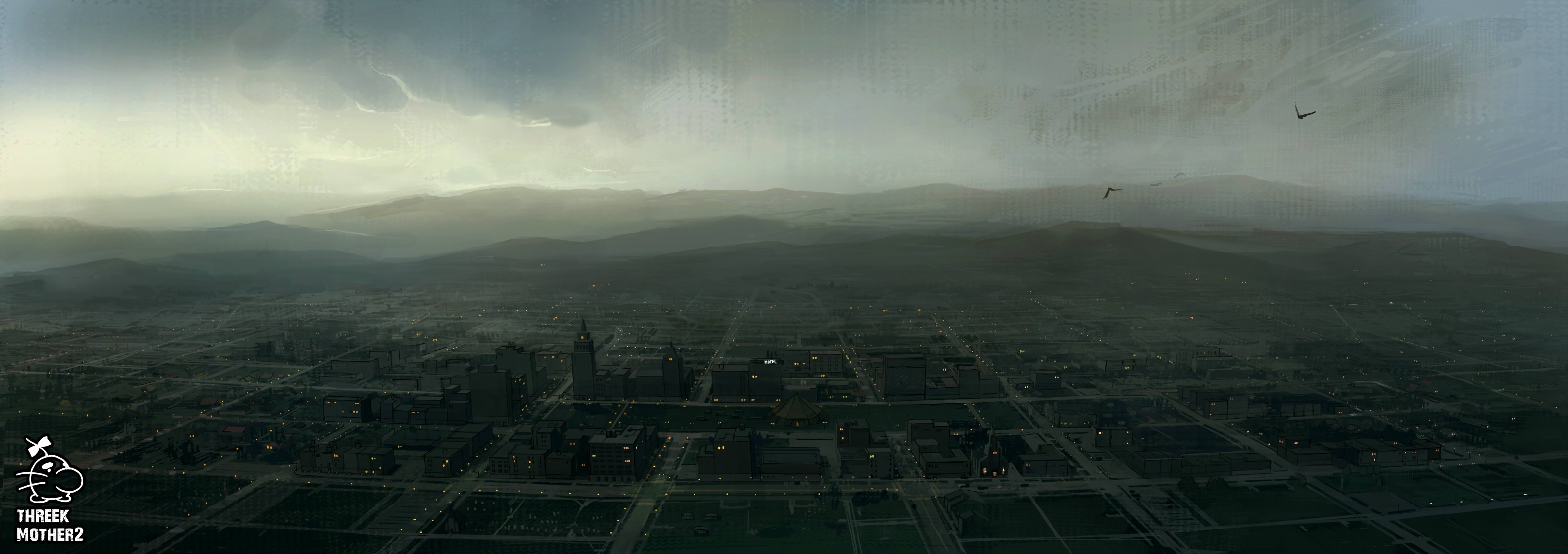 Aerial view of a misty city at dawn with distant mountains HD Wallpaper