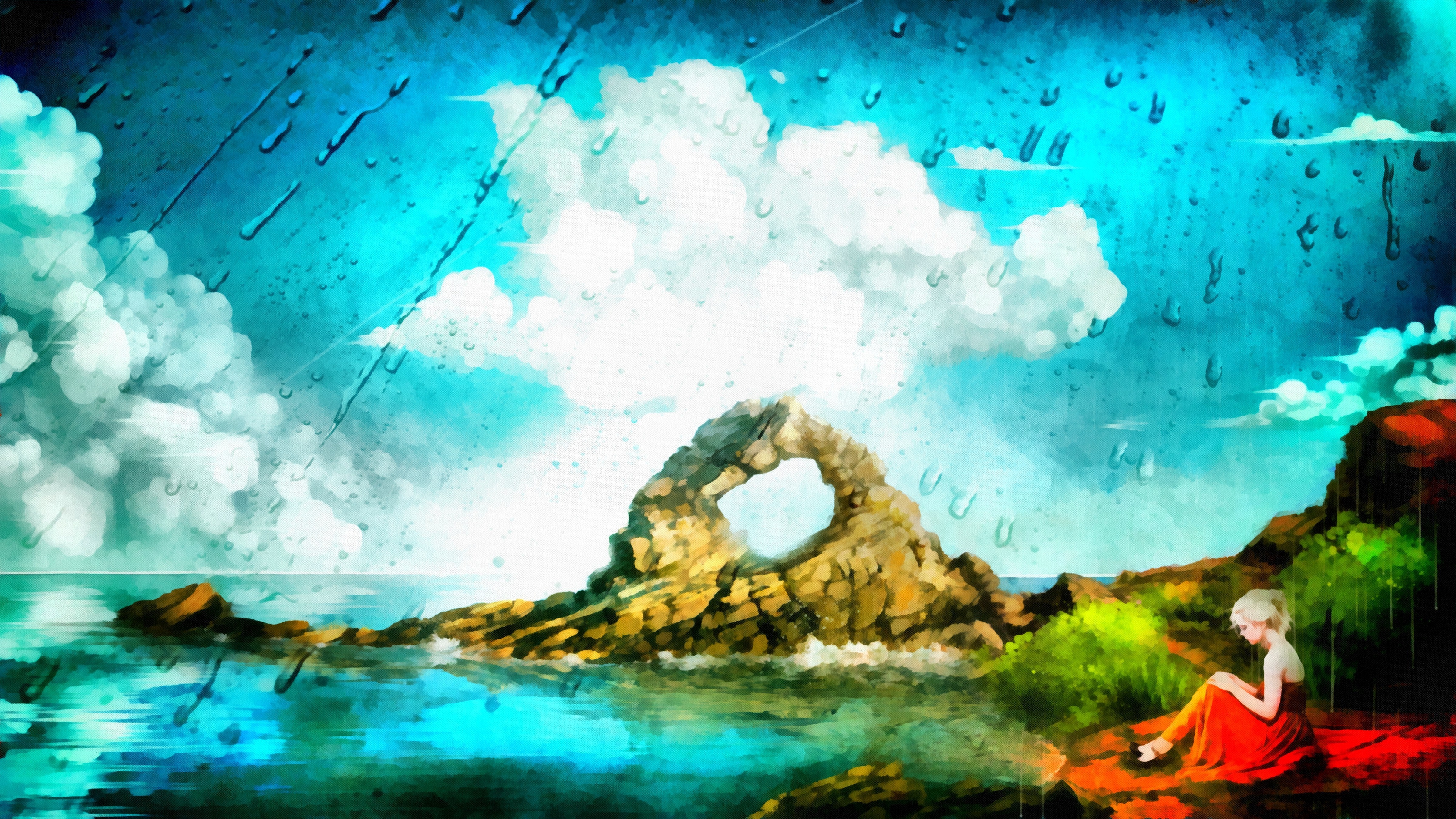 Girl in orange dress by the sea with rock arch HD Wallpaper