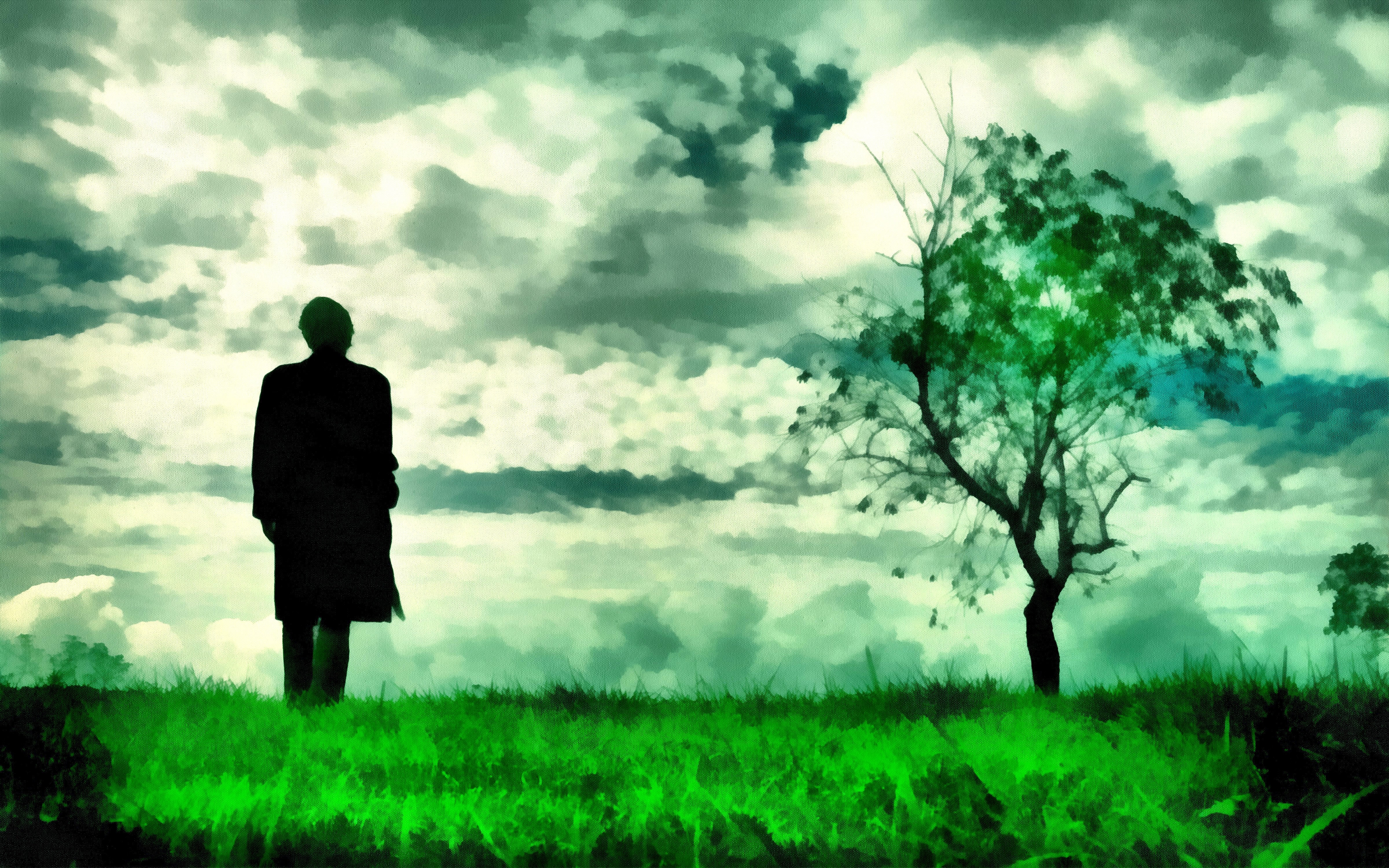 Silhouette of a person standing in a grassy field with a tree HD Wallpaper