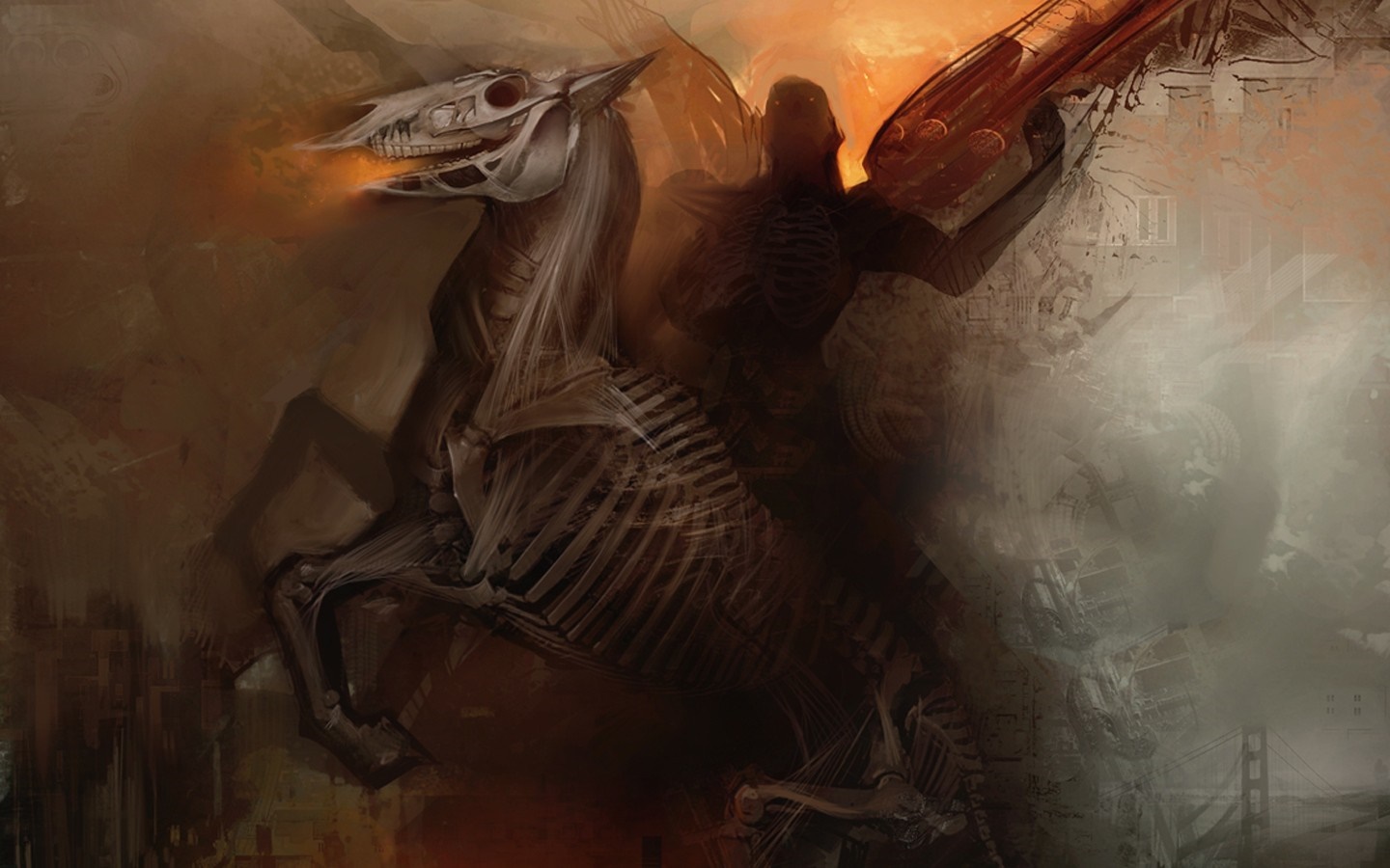 Skeleton horseman with fiery breath and a weapon HD Wallpaper