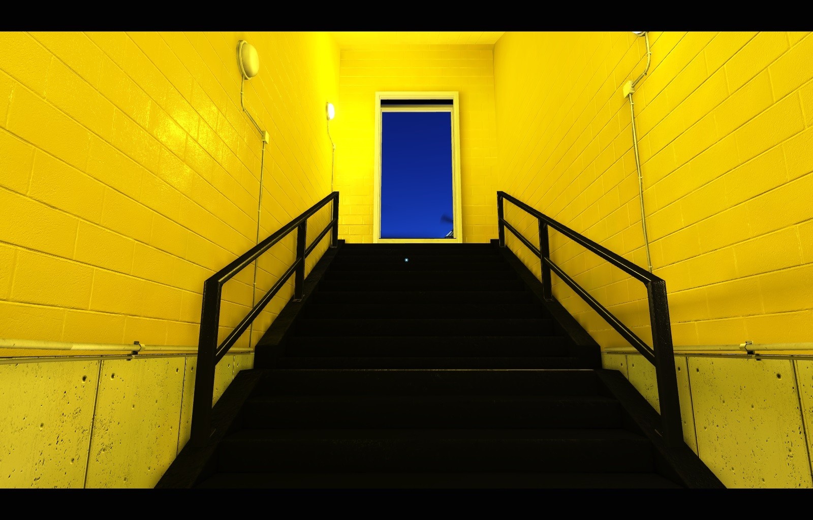 Yellow hallway with black stairs and blue door HD Wallpaper