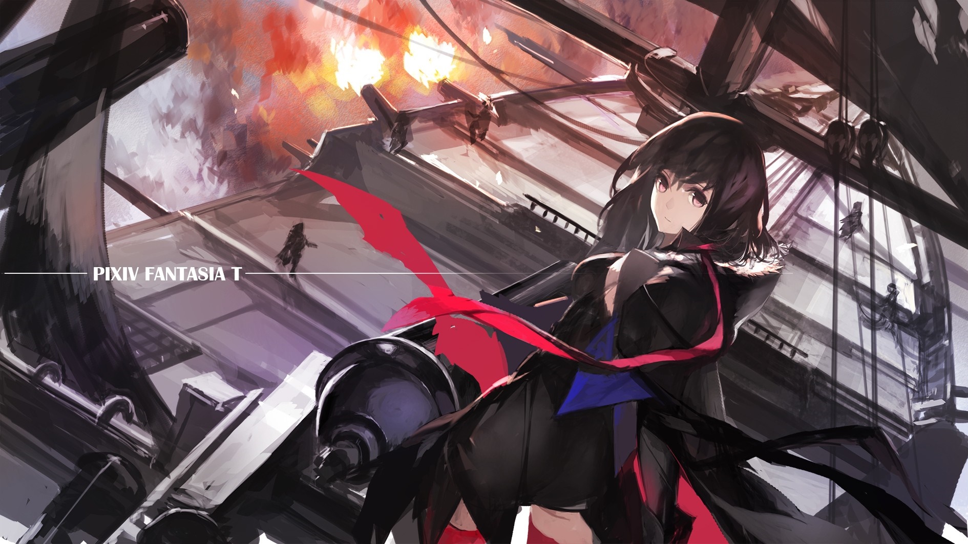 Anime girl with red scarf on a ship HD Wallpaper