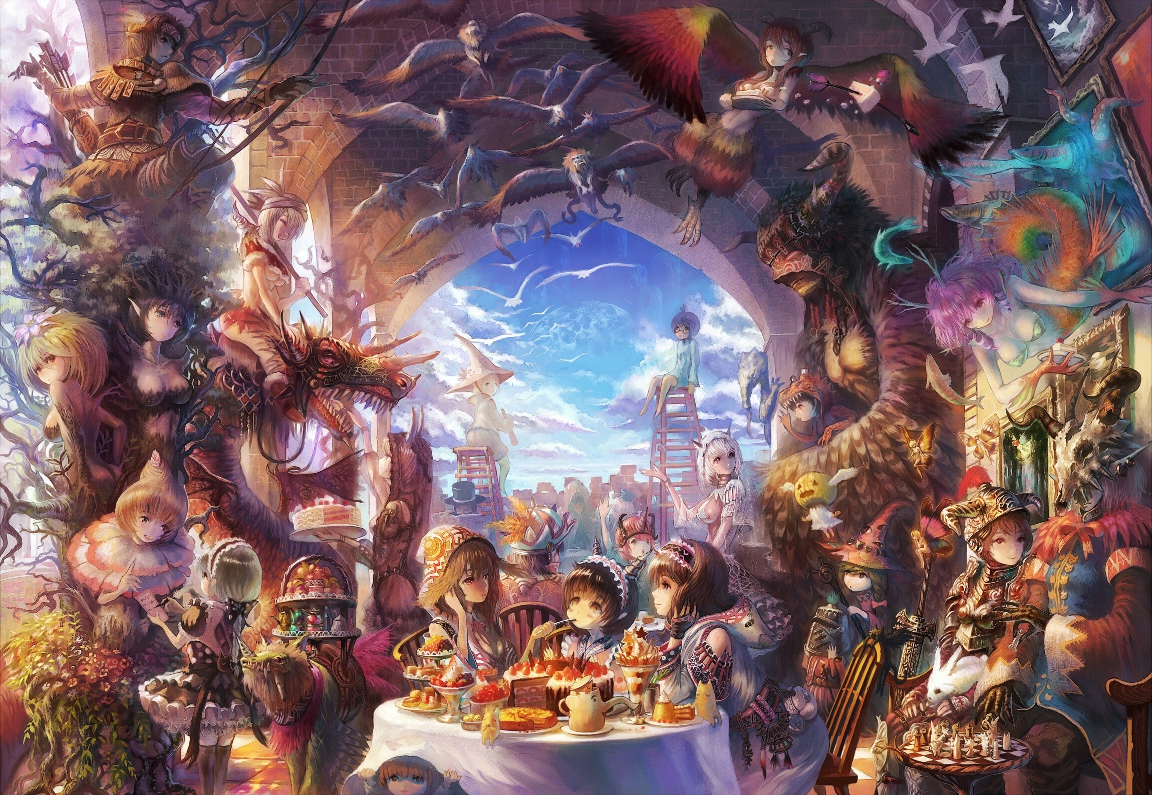 Fantasy art with anime girls, creatures, and a festival HD Wallpaper