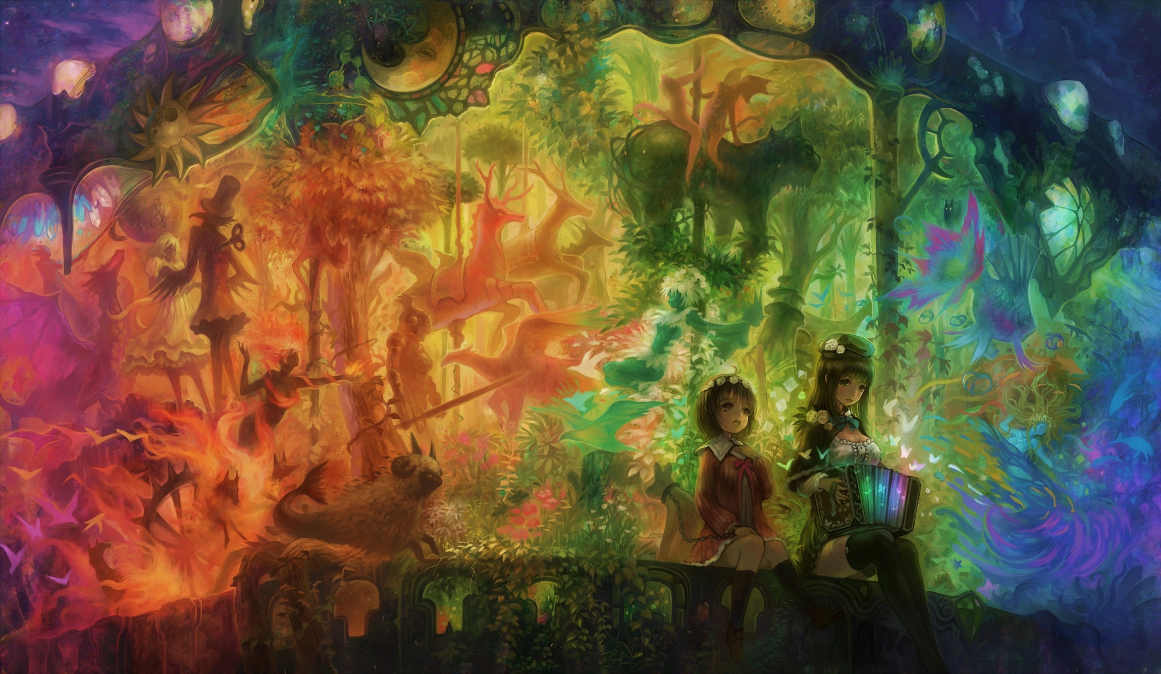 Fantasy art painting of anime girls in a colorful forest HD Wallpaper