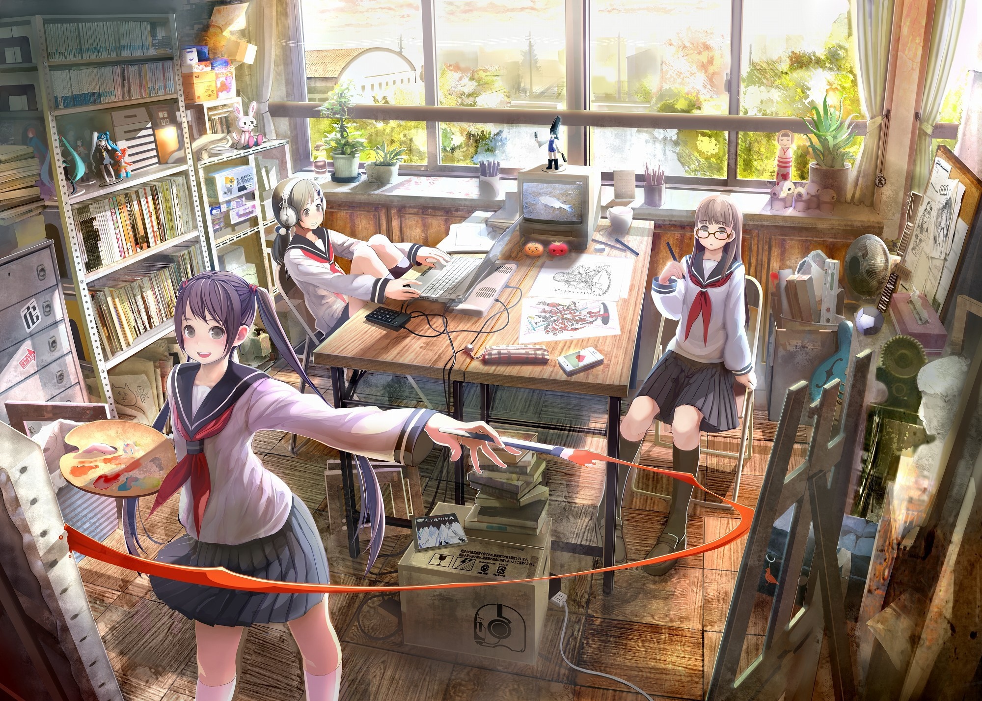 Anime girls in art studio with paintings and books HD Wallpaper