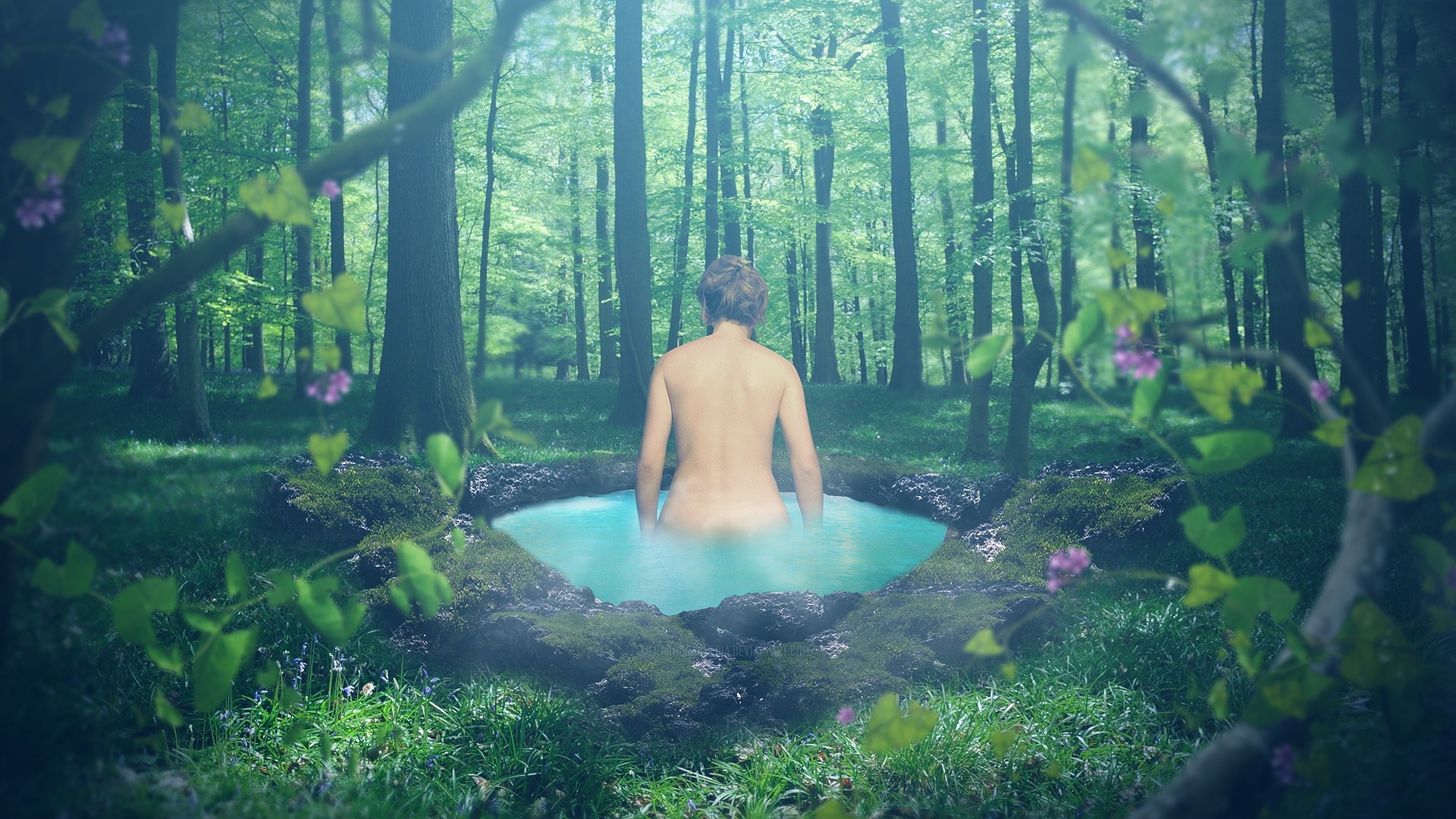 Person bathing in a forest pool HD Wallpaper