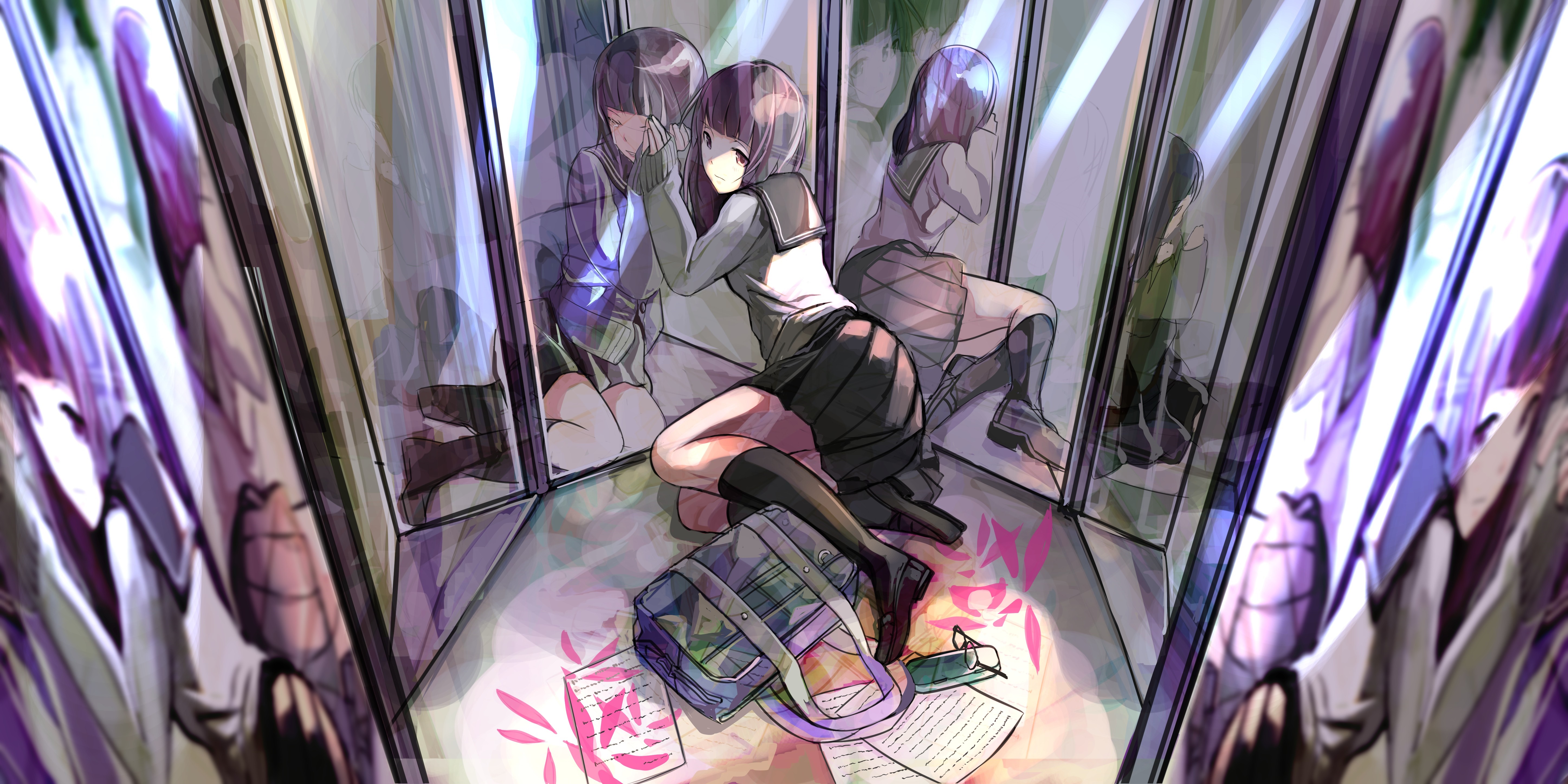 Anime girl in school uniform sitting in a mirrored room HD Wallpaper