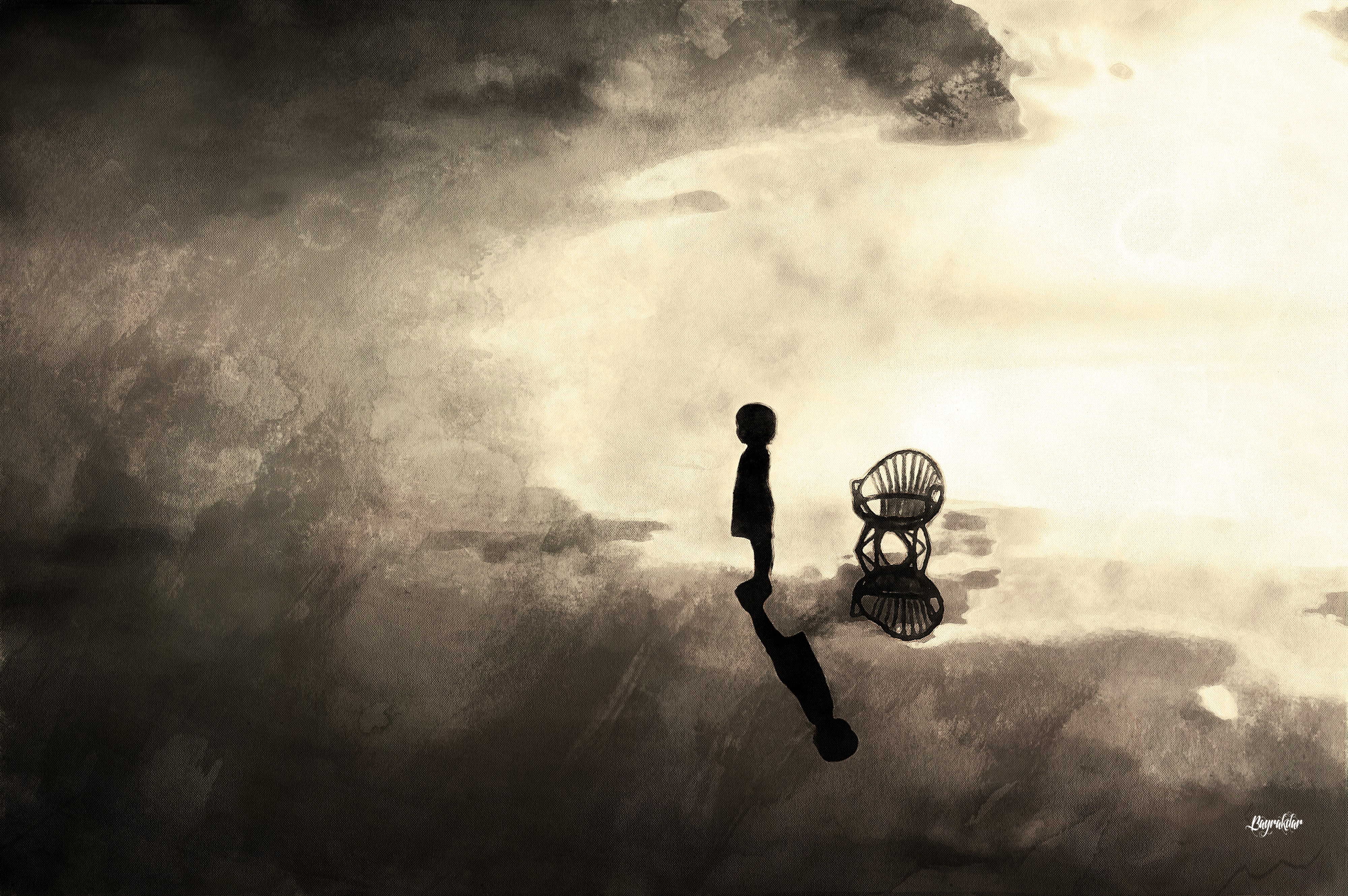 Silhouette of a child and a chair against a cloudy sky HD Wallpaper