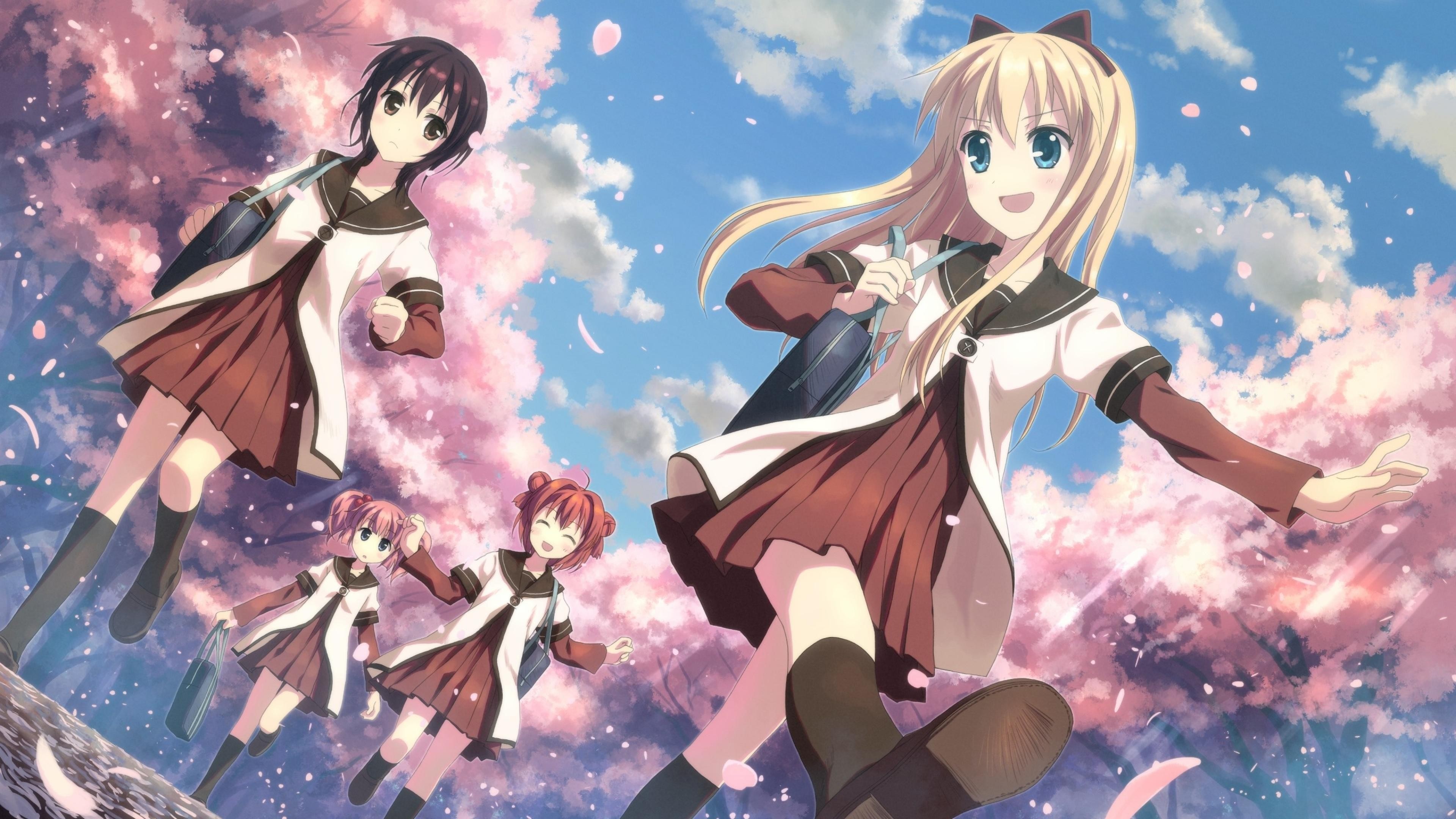 Anime girls in school uniforms under cherry blossoms HD Wallpaper