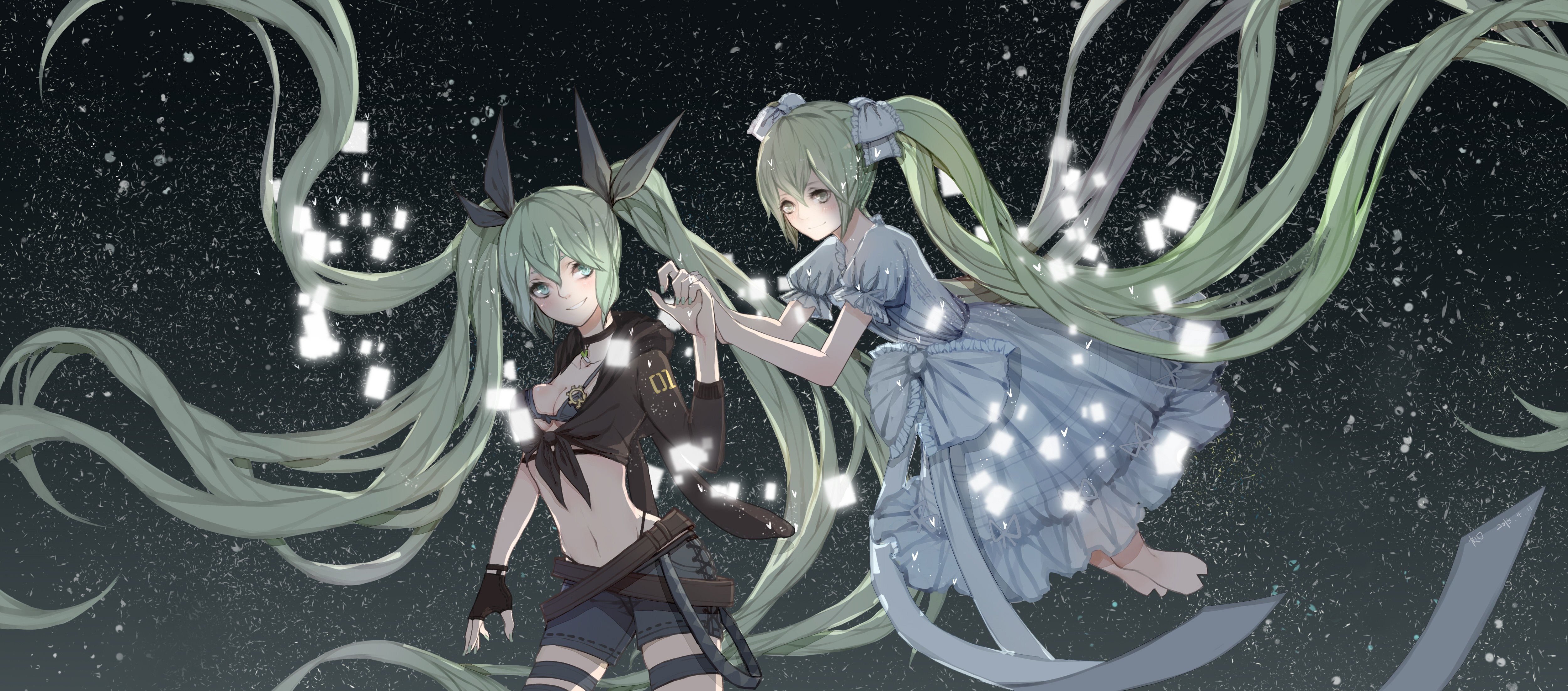 Two Hatsune Miku characters with green hair and glowing squares HD Wallpaper
