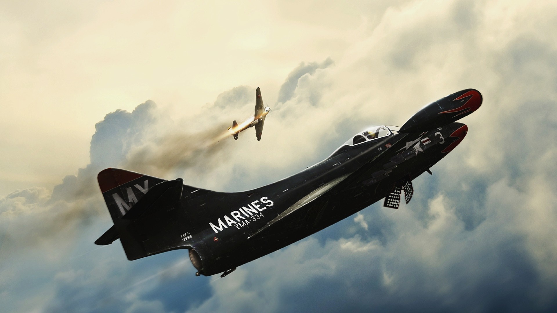 Grumman F7F Tigercat in flight with another aircraft HD Wallpaper