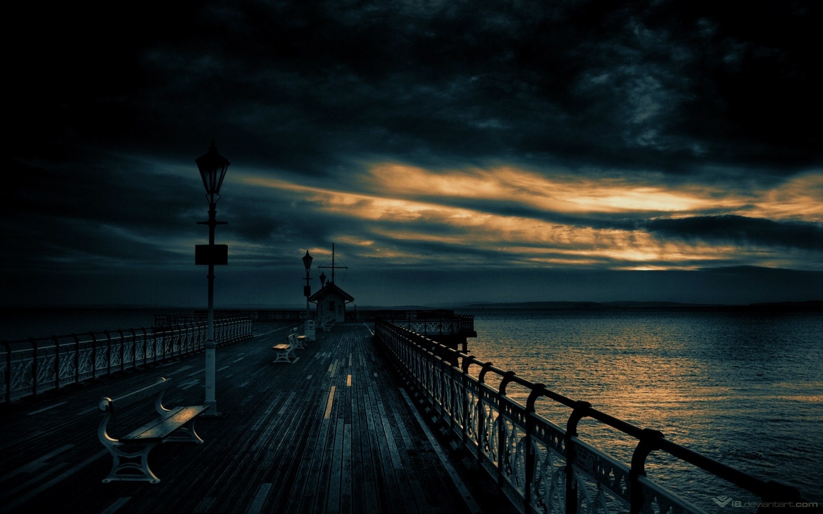 Pier at Dusk with Dramatic Clouds Over the Ocean HD Wallpaper