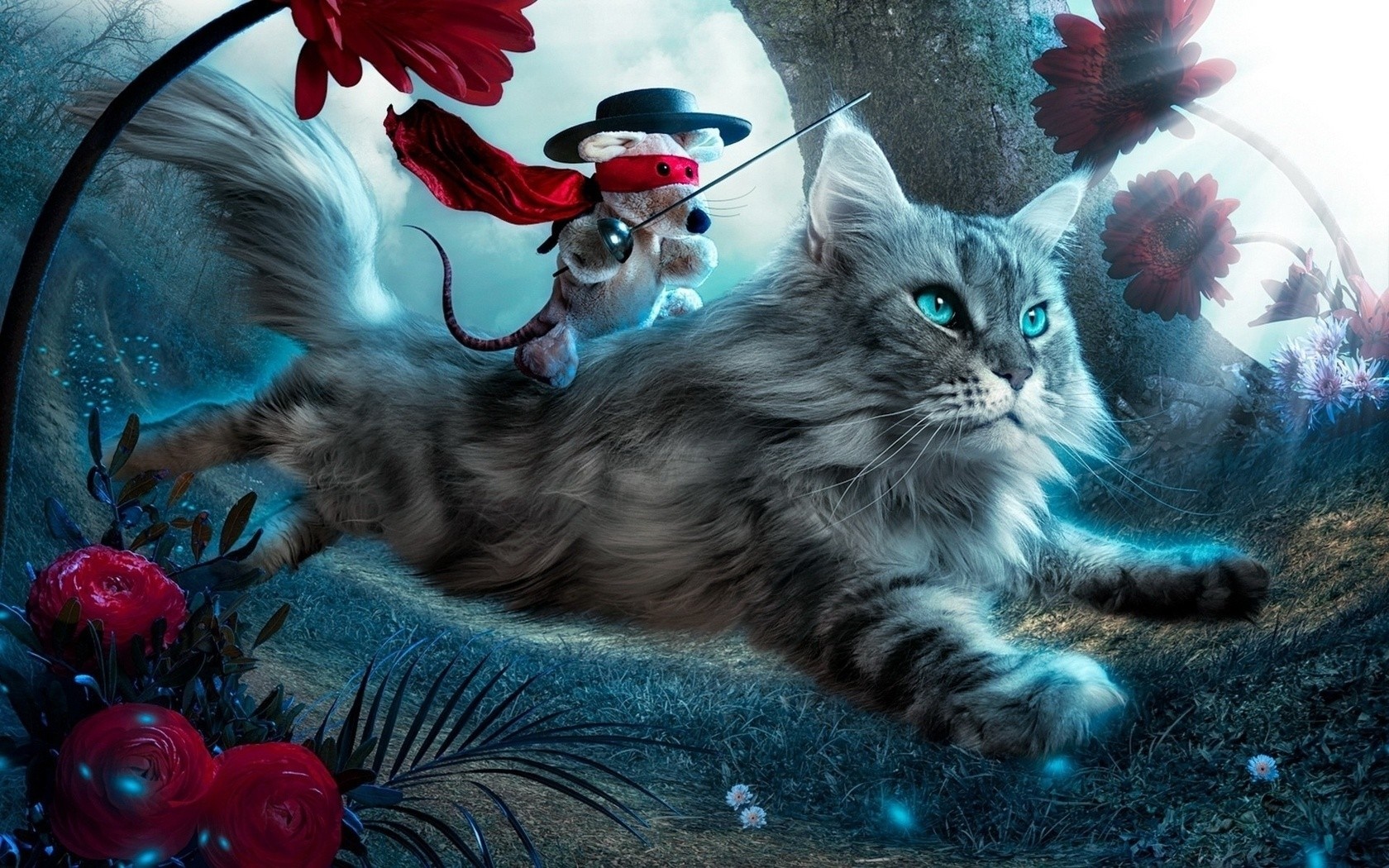 A mouse in a cape rides a cat through a magical forest HD Wallpaper