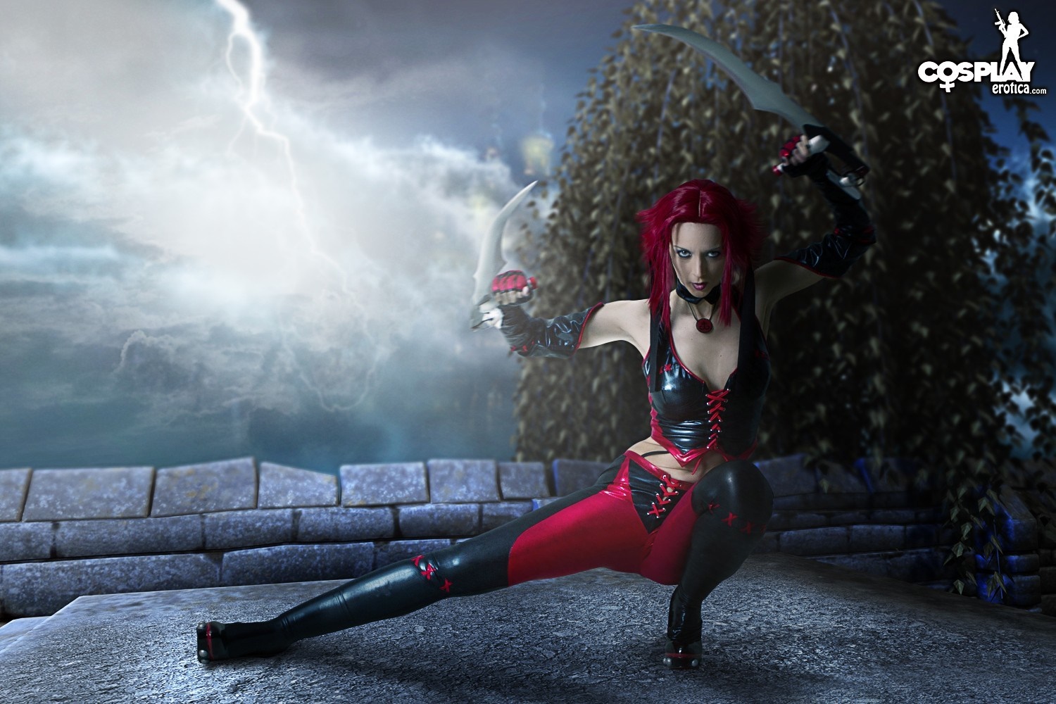 BloodRayne cosplay with swords and lightning HD Wallpaper