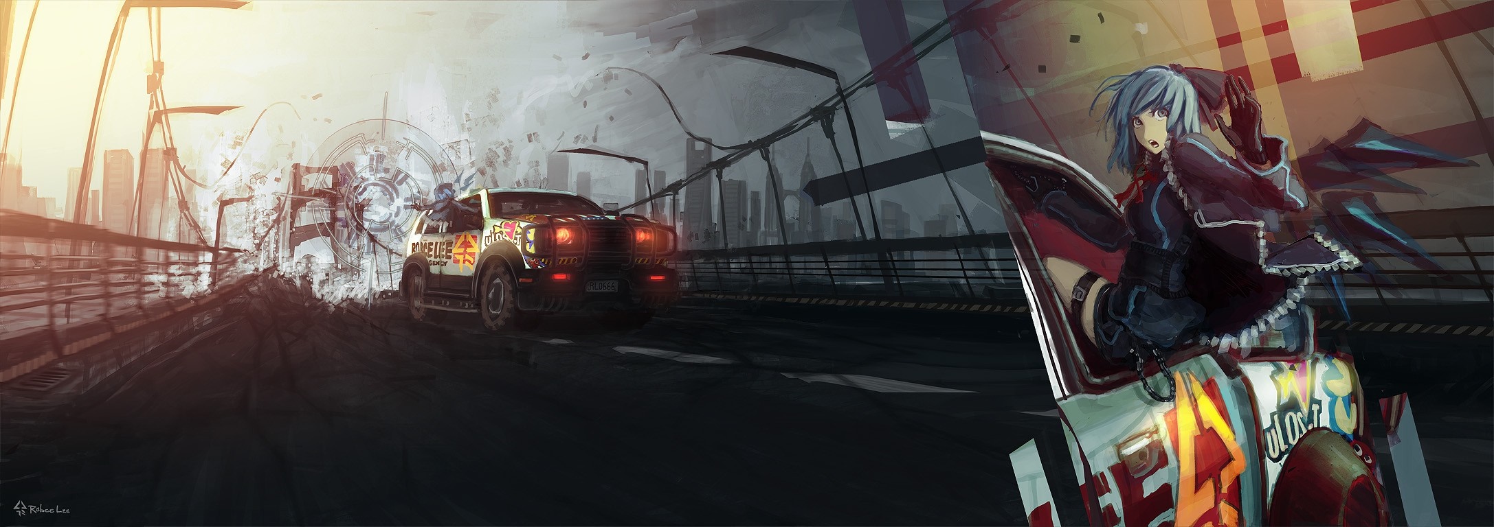 Anime girl in a modified Jeep on a bridge HD Wallpaper