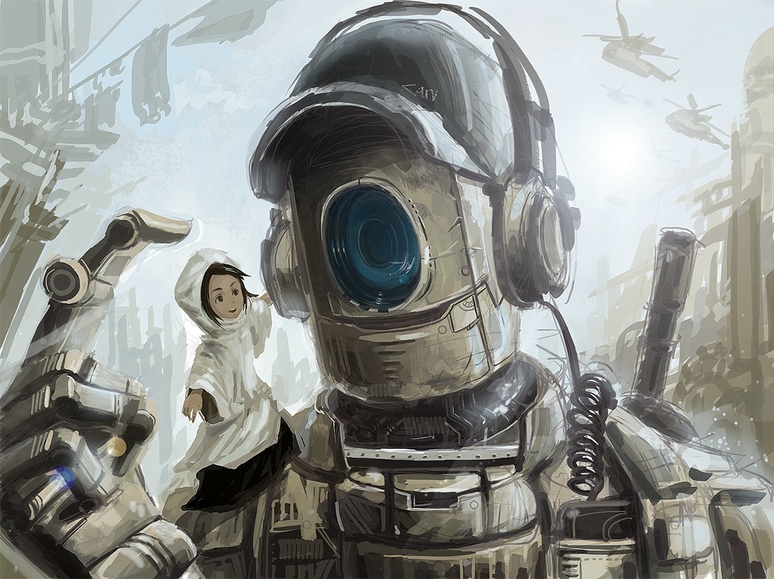 Girl and giant robot with headphones in futuristic city HD Wallpaper