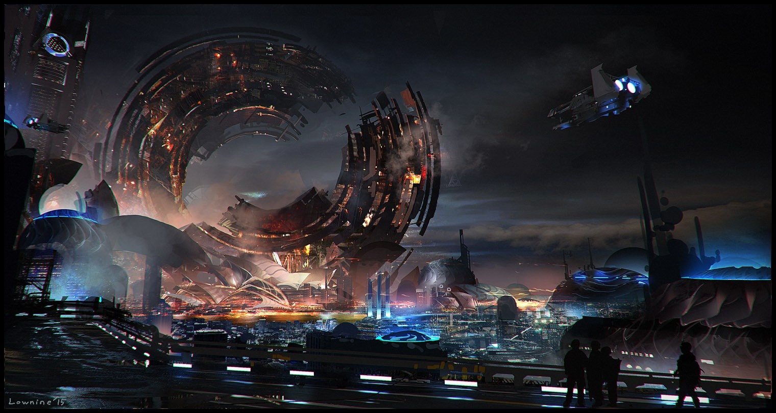 Futuristic city with a large circular structure at night HD Wallpaper