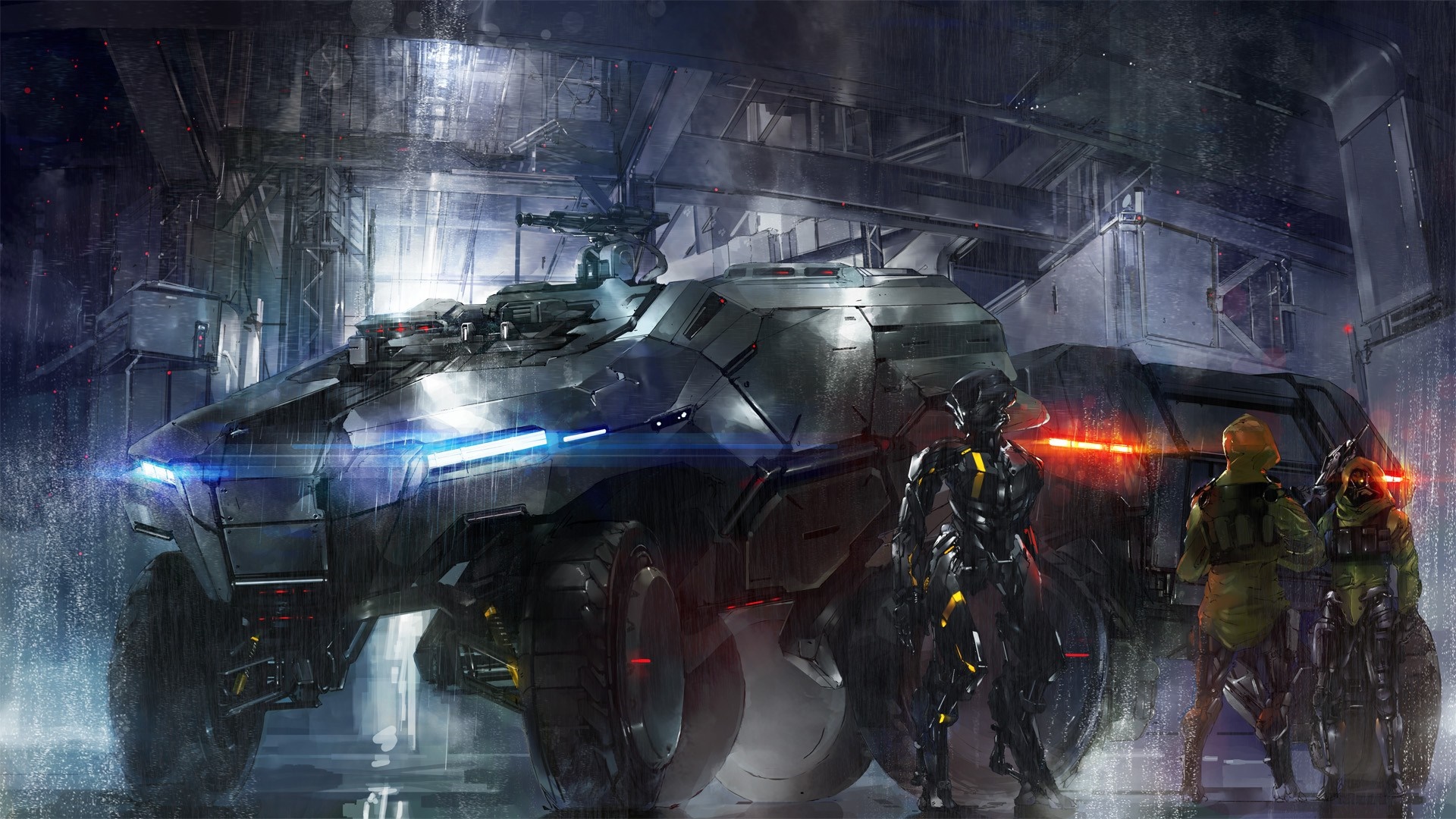 Sci-fi military vehicle with soldiers in a hangar HD Wallpaper