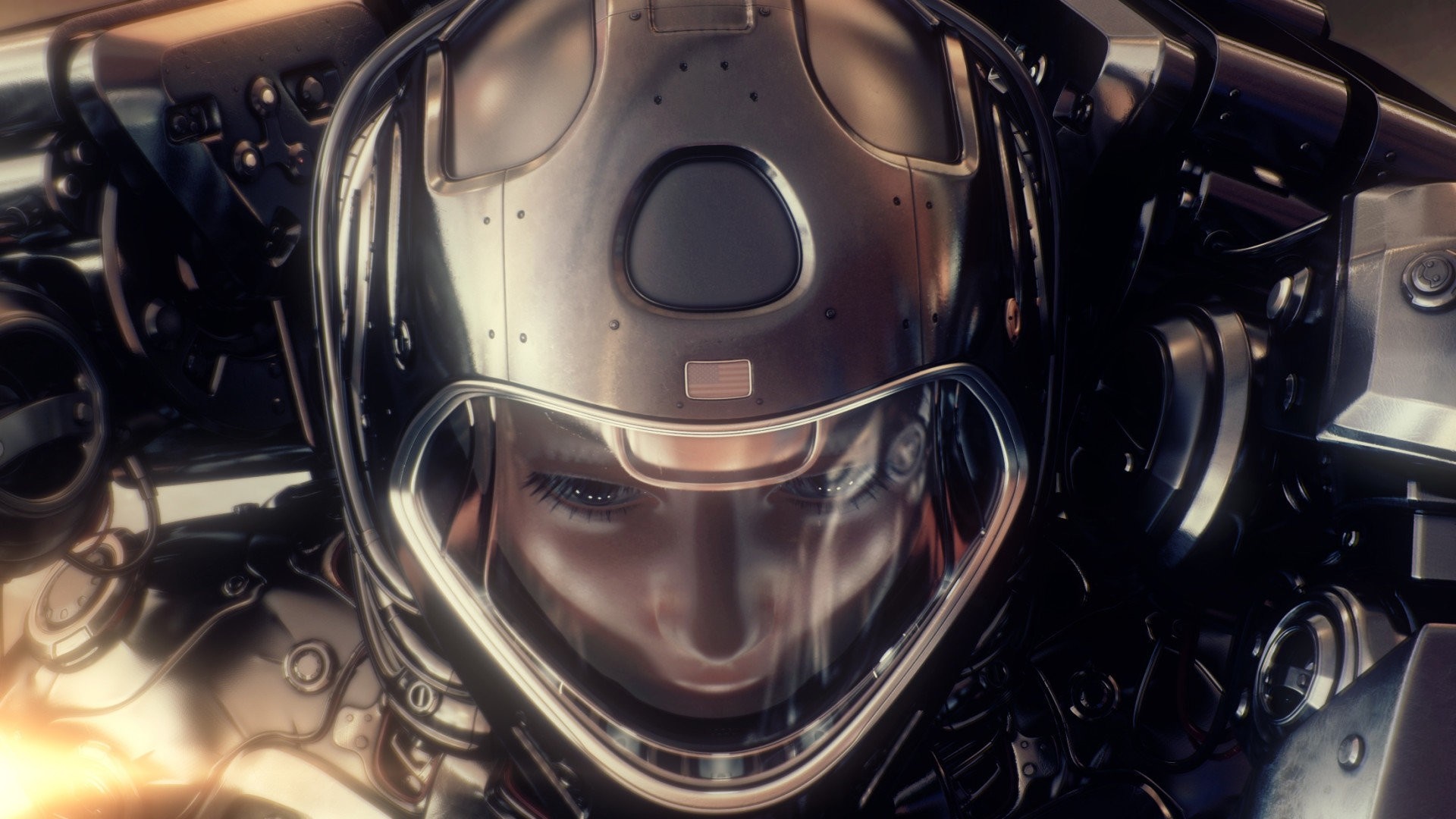 Close-up of a woman in a futuristic mech suit HD Wallpaper