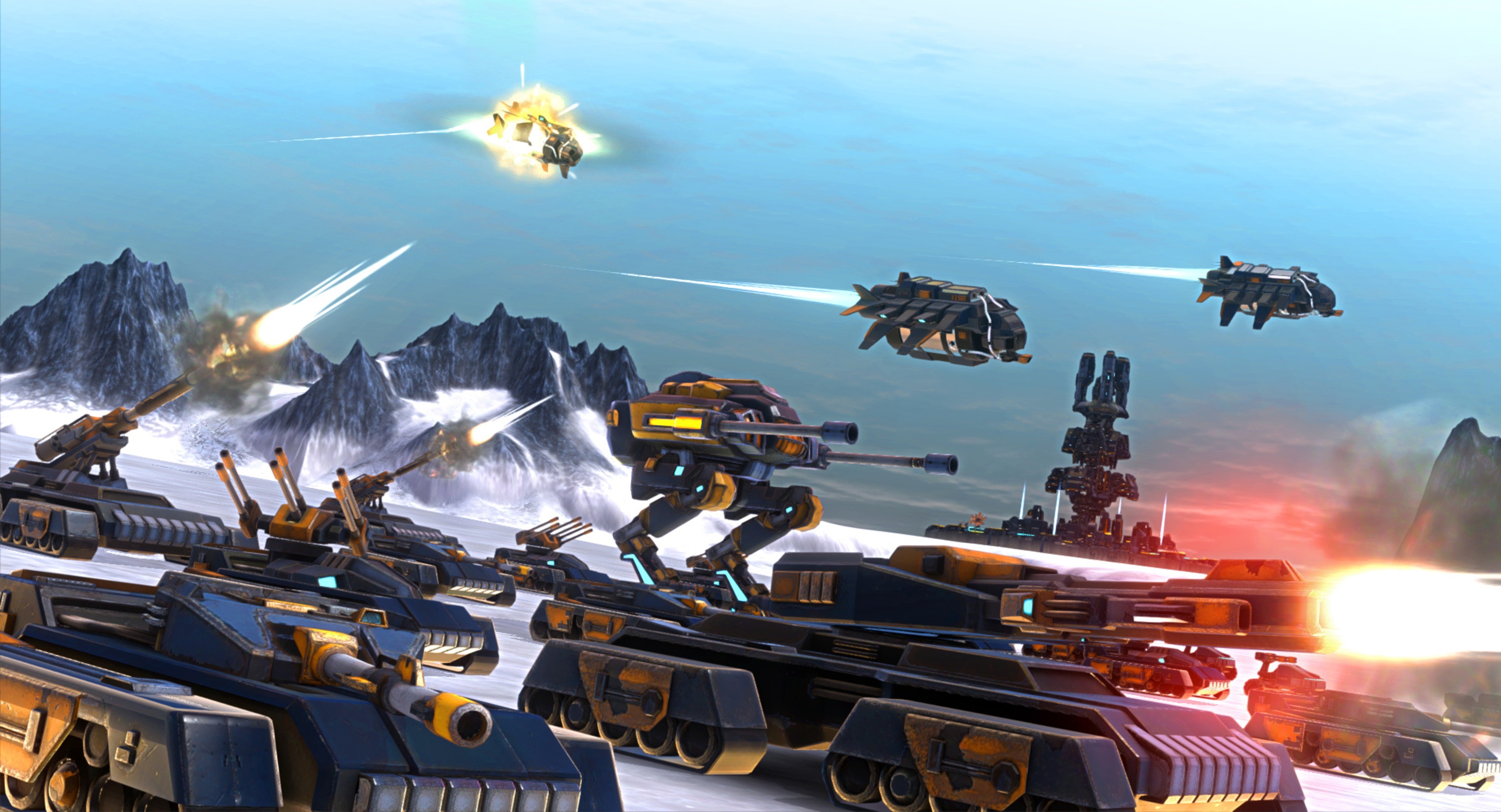Sci-fi tanks and aircraft in a snowy battle HD Wallpaper