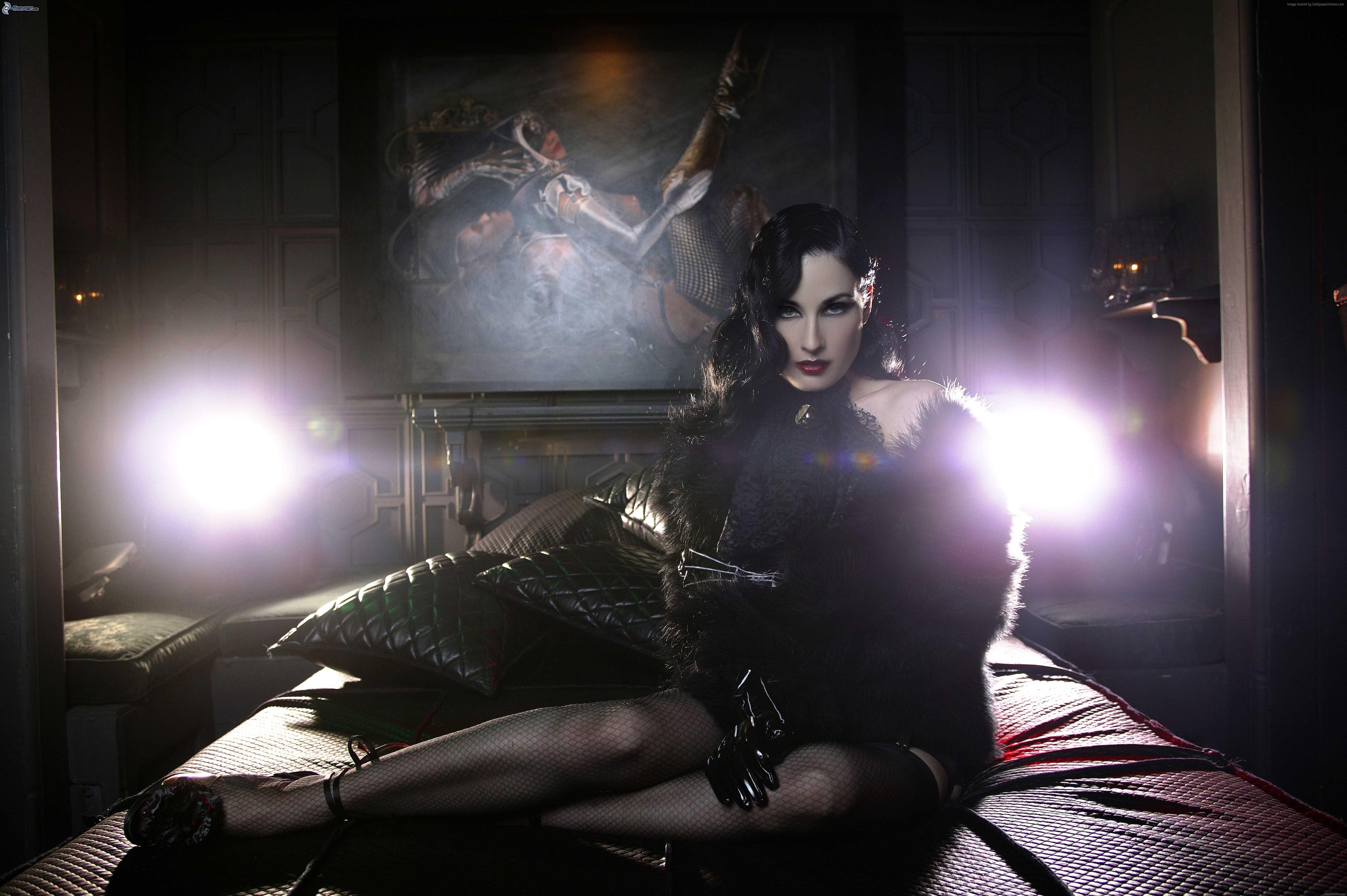 Dita Von Teese in a black fur outfit HD Wallpaper