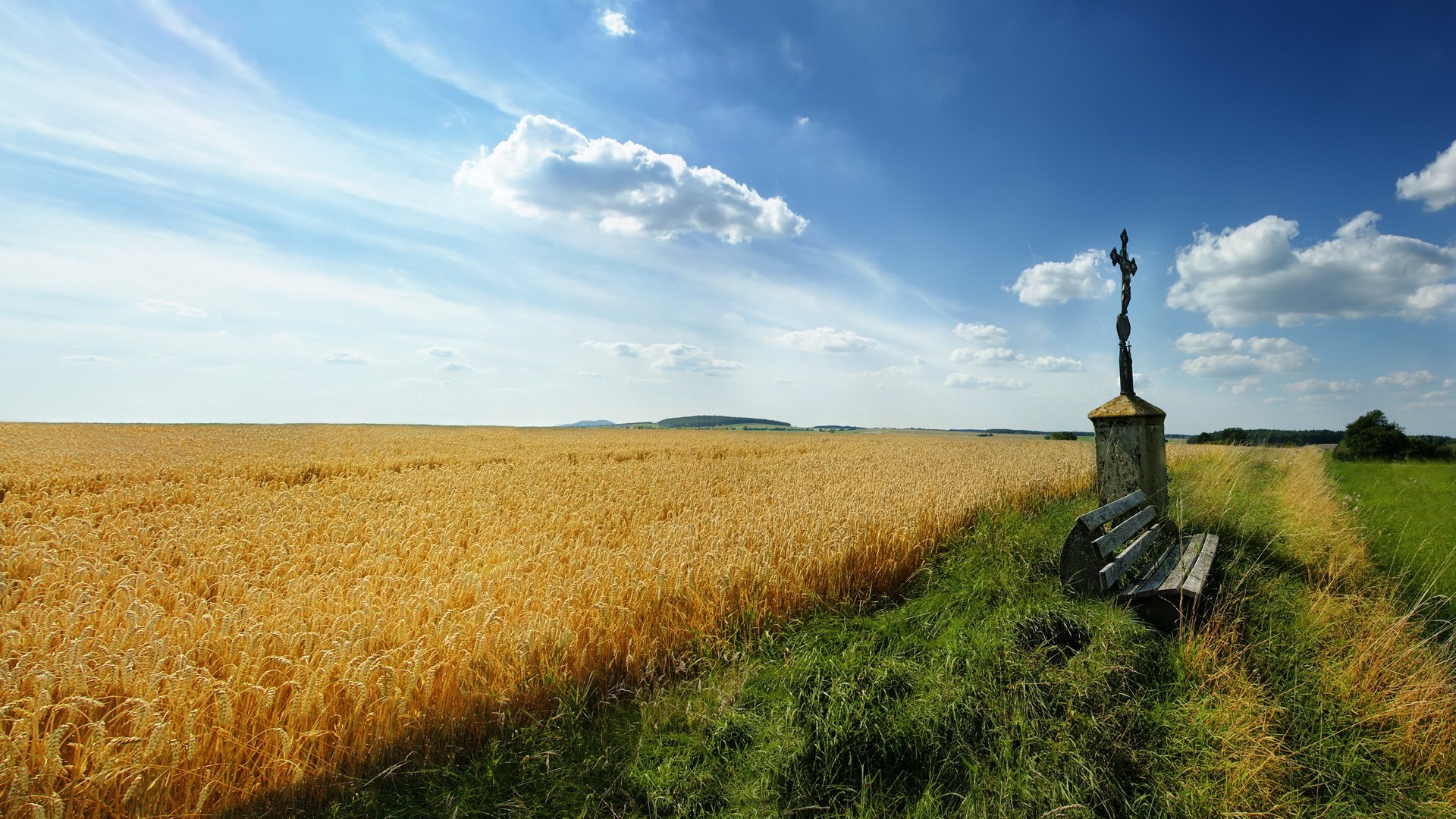 Wheat field with a wayside shrine and bench HD Wallpaper
