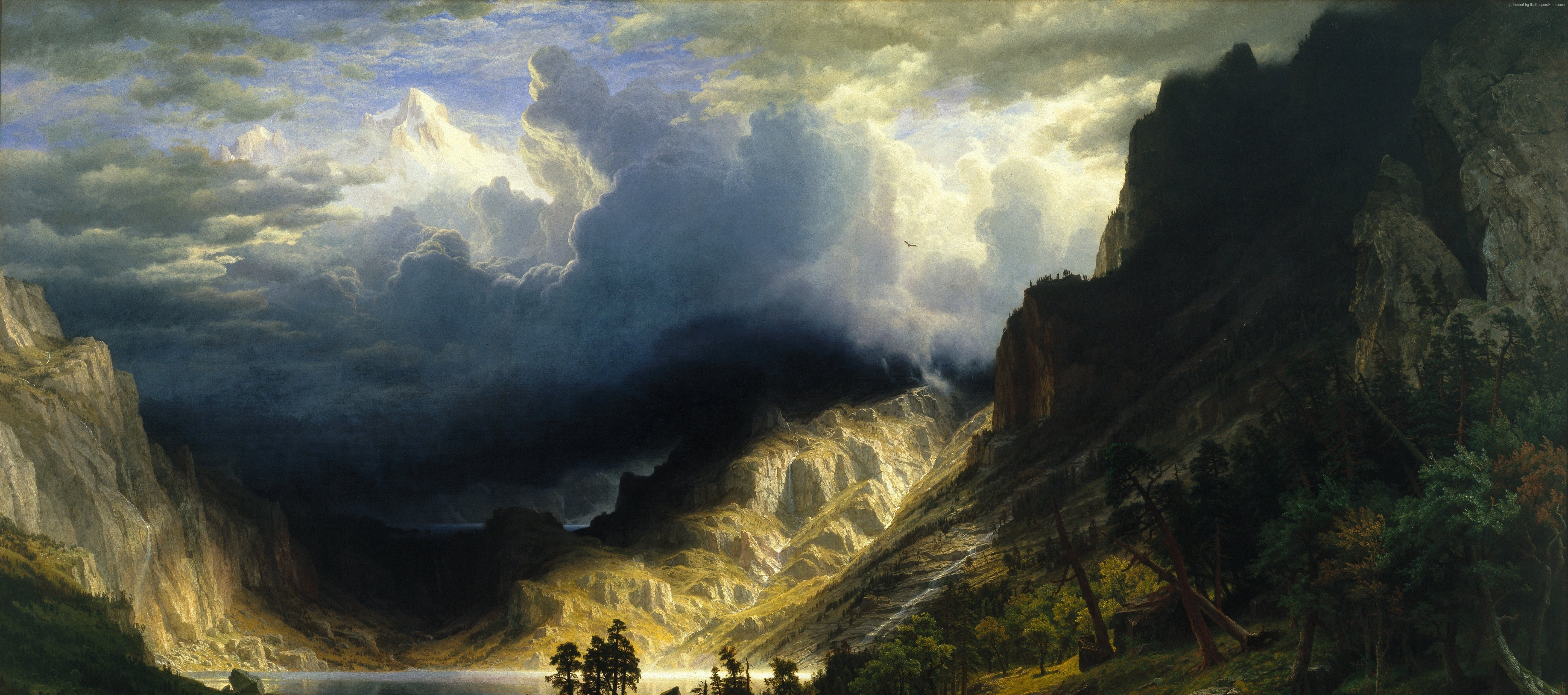 Stormy Mountain Landscape with Lake and Waterfall HD Wallpaper
