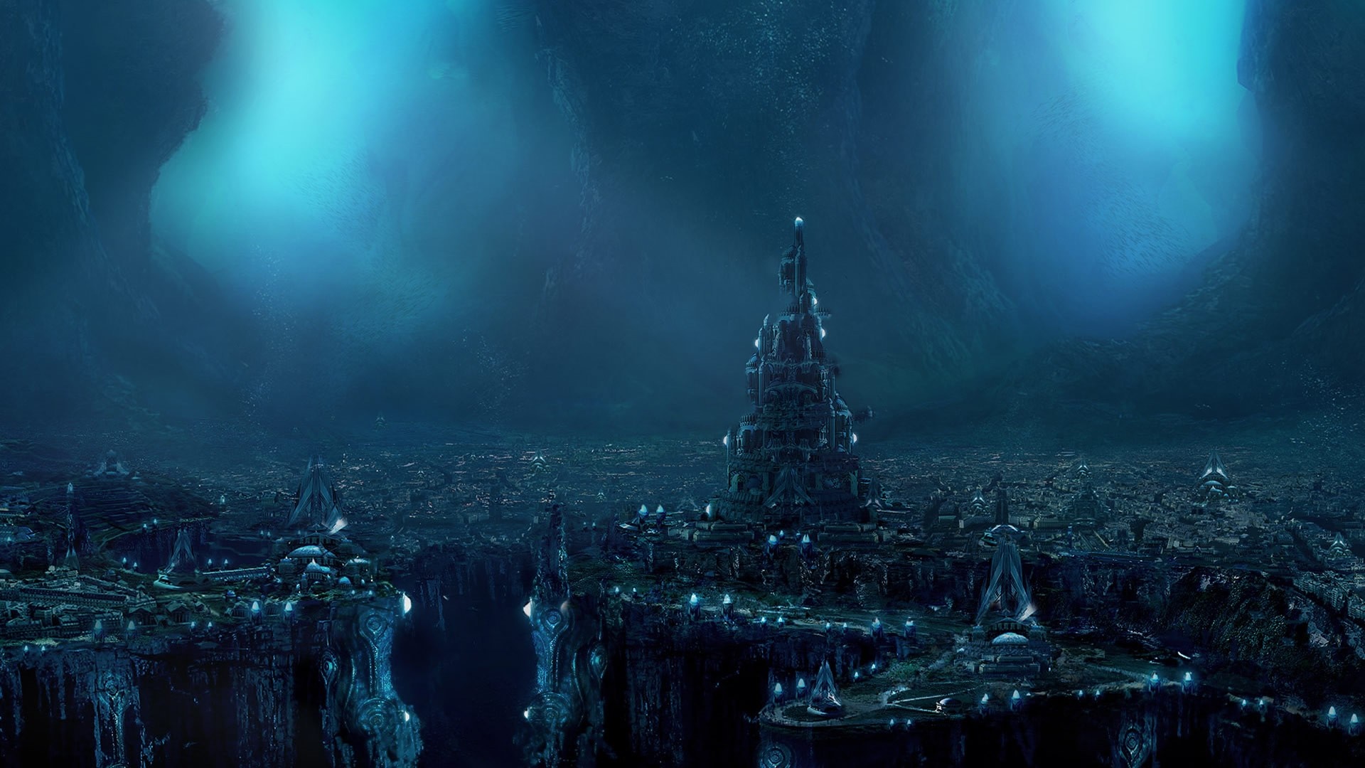 Futuristic underwater city at night with glowing lights HD Wallpaper