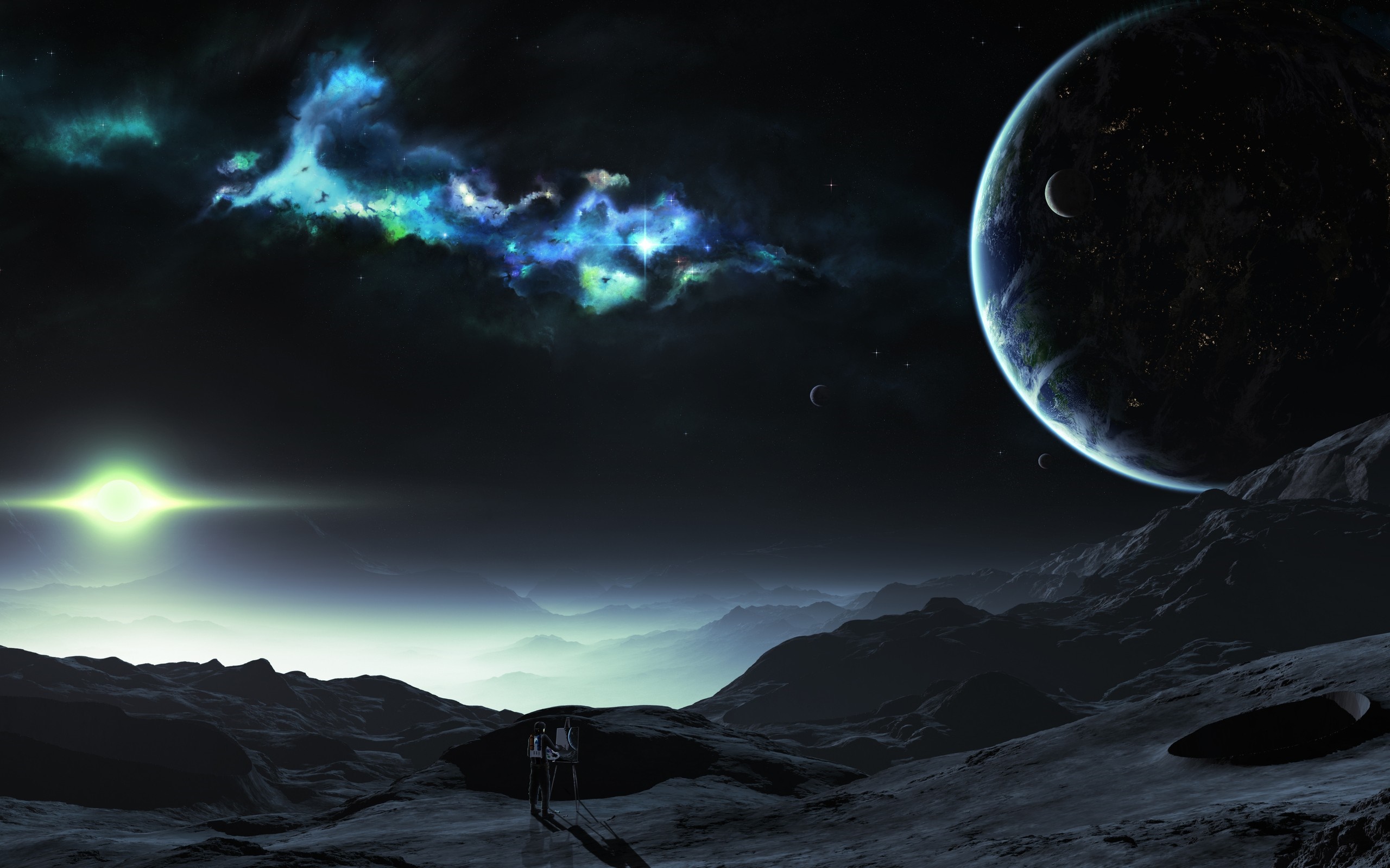 Two figures stand on a rocky alien planet looking at a large planet and nebula HD Wallpaper