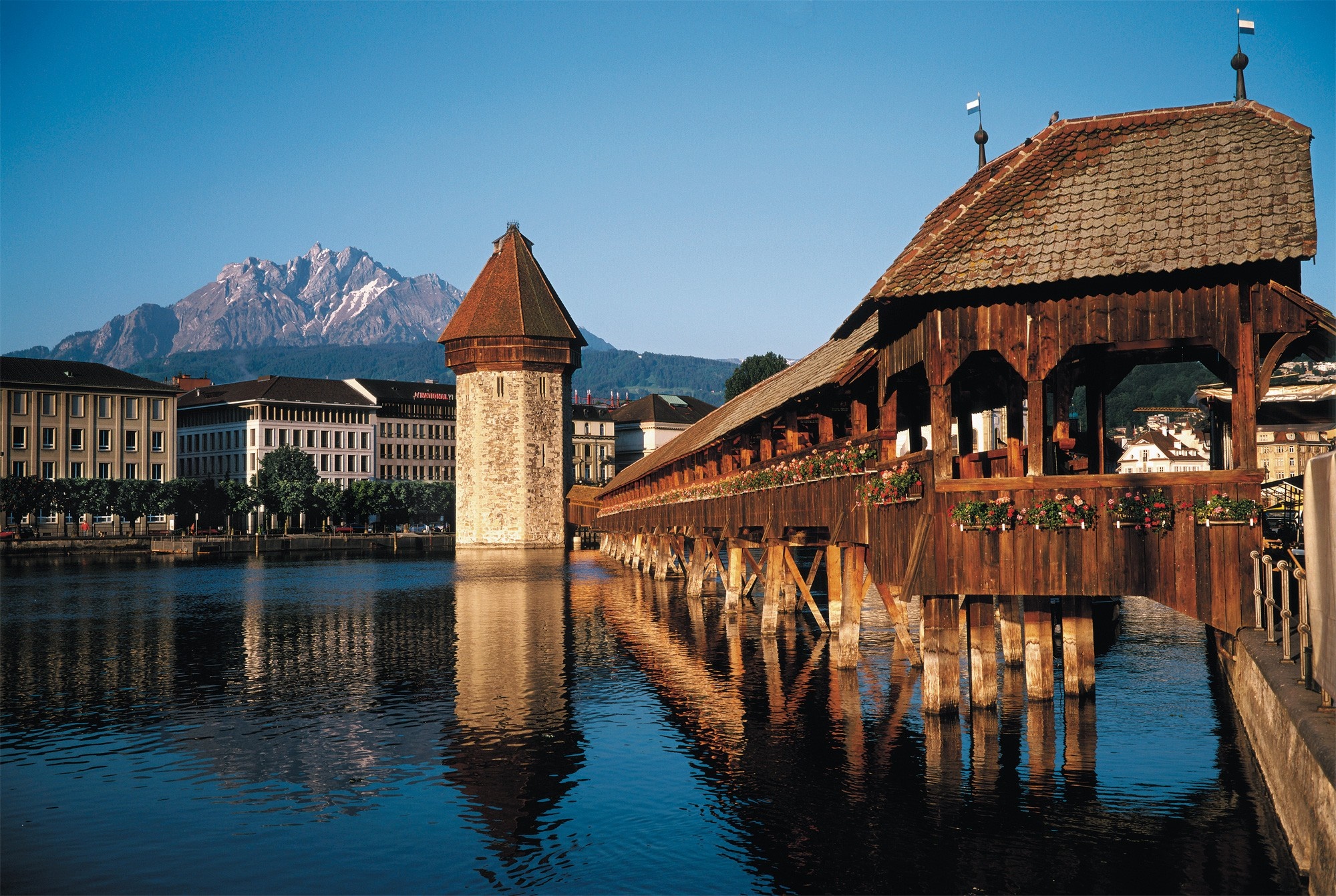 Chapel Bridge and Water Tower in Lucerne, Switzerland HD Wallpaper